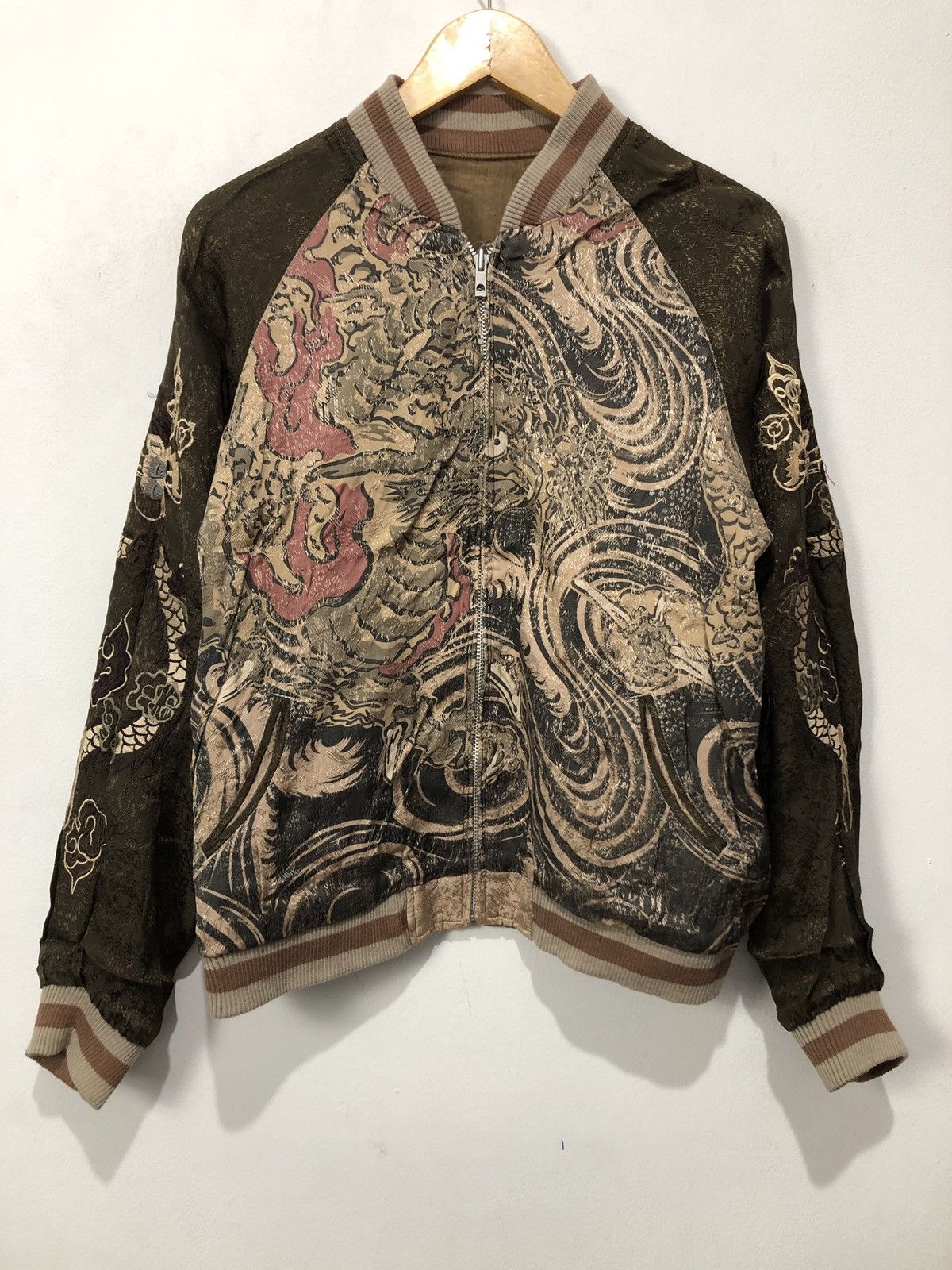 image of Sukajan Souvenir Jacket Hyakka Ryouran Sukajan Rayon Embroidery Reversible Jacket in Brown (Size Sm