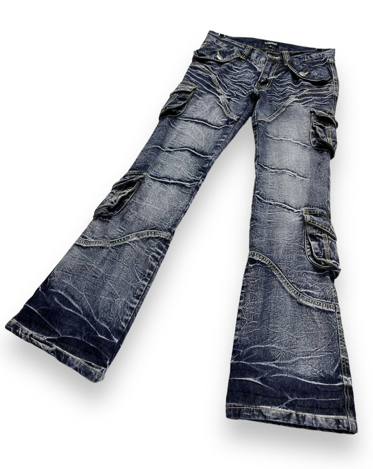 LOWBOX 🔥LOWBOX Distressed Whiskered Multipocket Punk Flare Denim Size US 29 - 5 Thumbnail