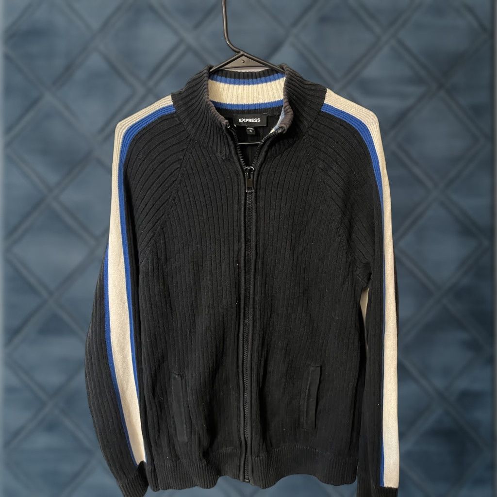 Express VINTAGE Express Sweater Womens Large Black Ribbed Knit Zip Up Slim Fit Stretch Cardigan Size L / US 10 / IT 46 - 1 Thumbnail