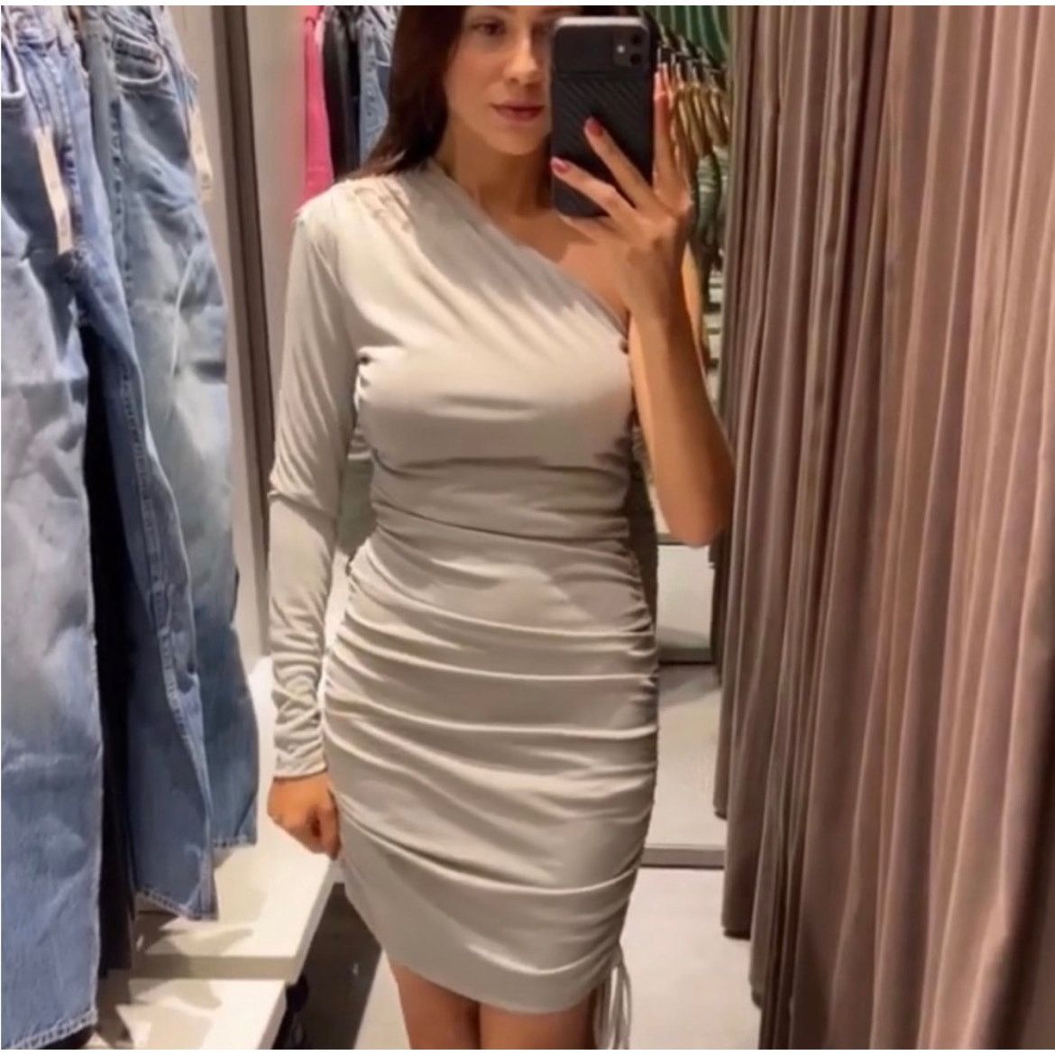 Zara ZARA ASYMMETRICAL DRESS WITH RUCHING LIGHT GREEN Size L / US 10 / IT 46 - 3 Thumbnail