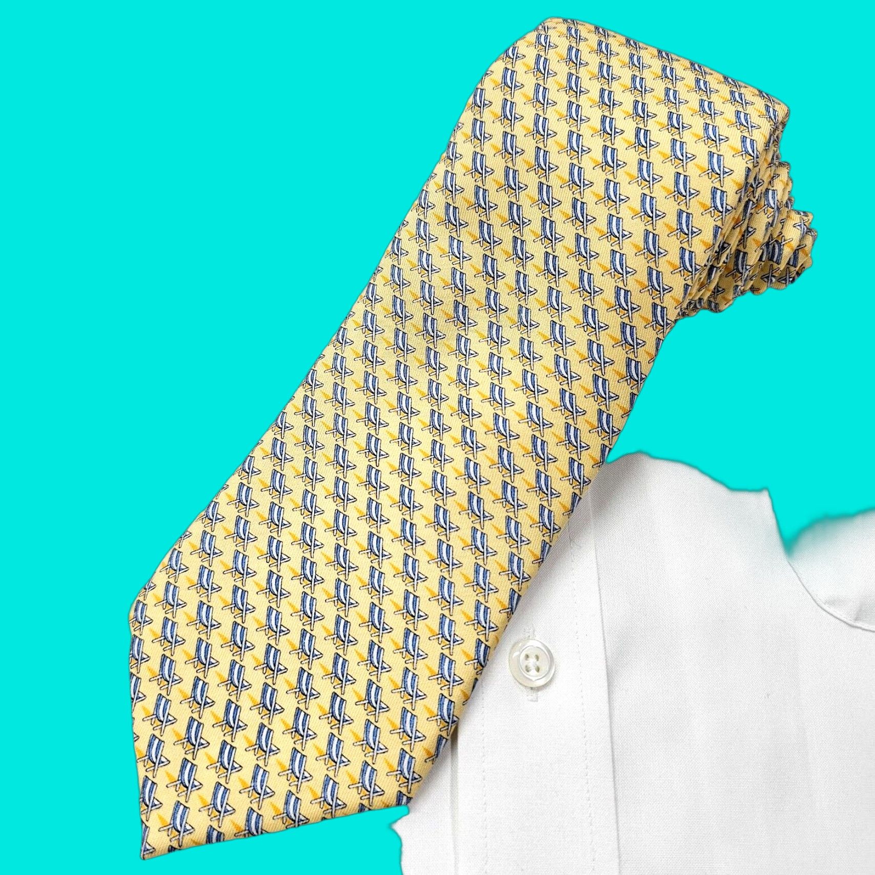 Vineyard Vines Vineyard Vines Necktie Men's Yellow Blue Beach Chairs Handmade Silk USA Tie Size ONE SIZE - 1 Thumbnail