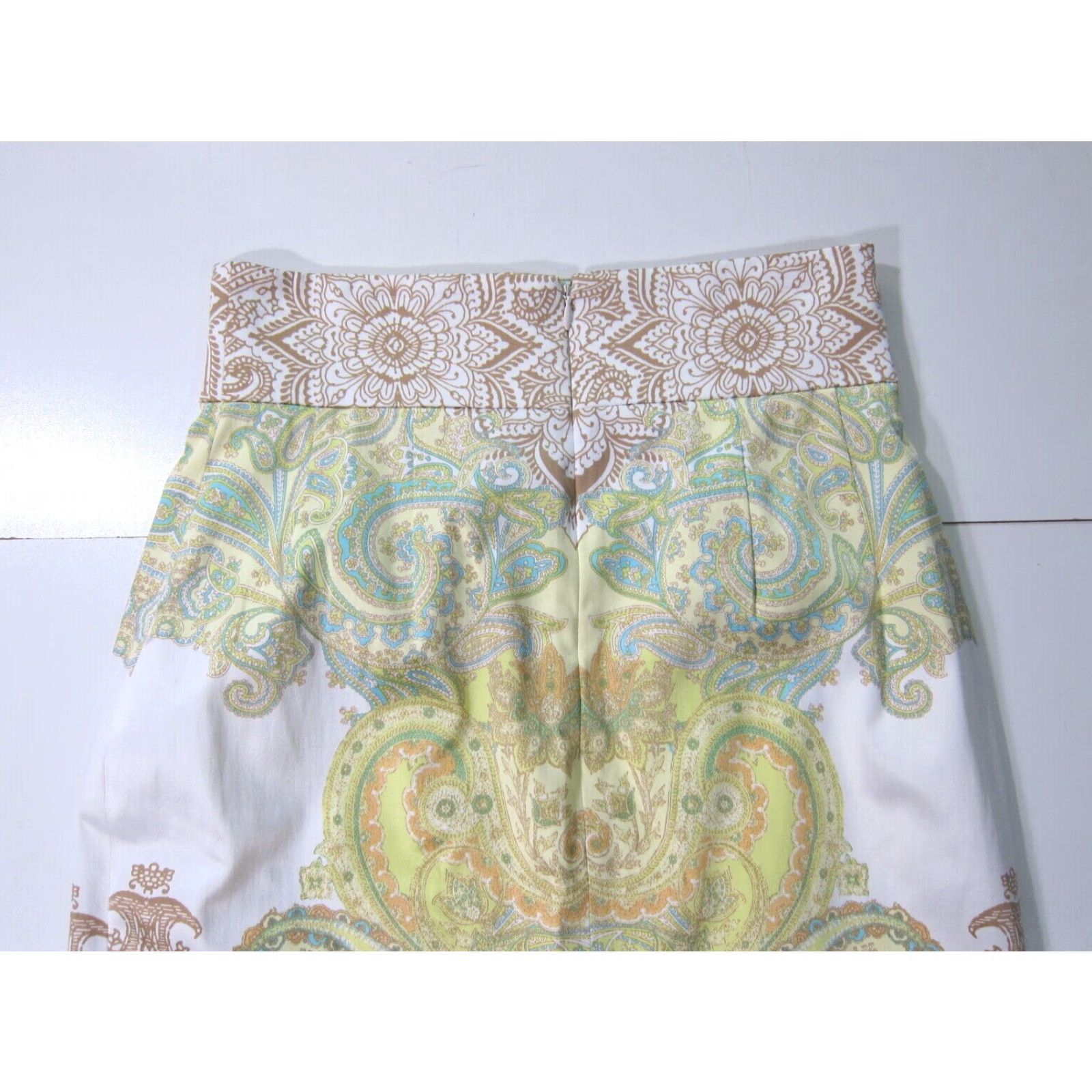 Vintage Antonio Melania Cotton Stretch Paisley Pencil Straight Skirt 2 Green Brown White Size 26" / US 2 / IT 38 - 5 Thumbnail