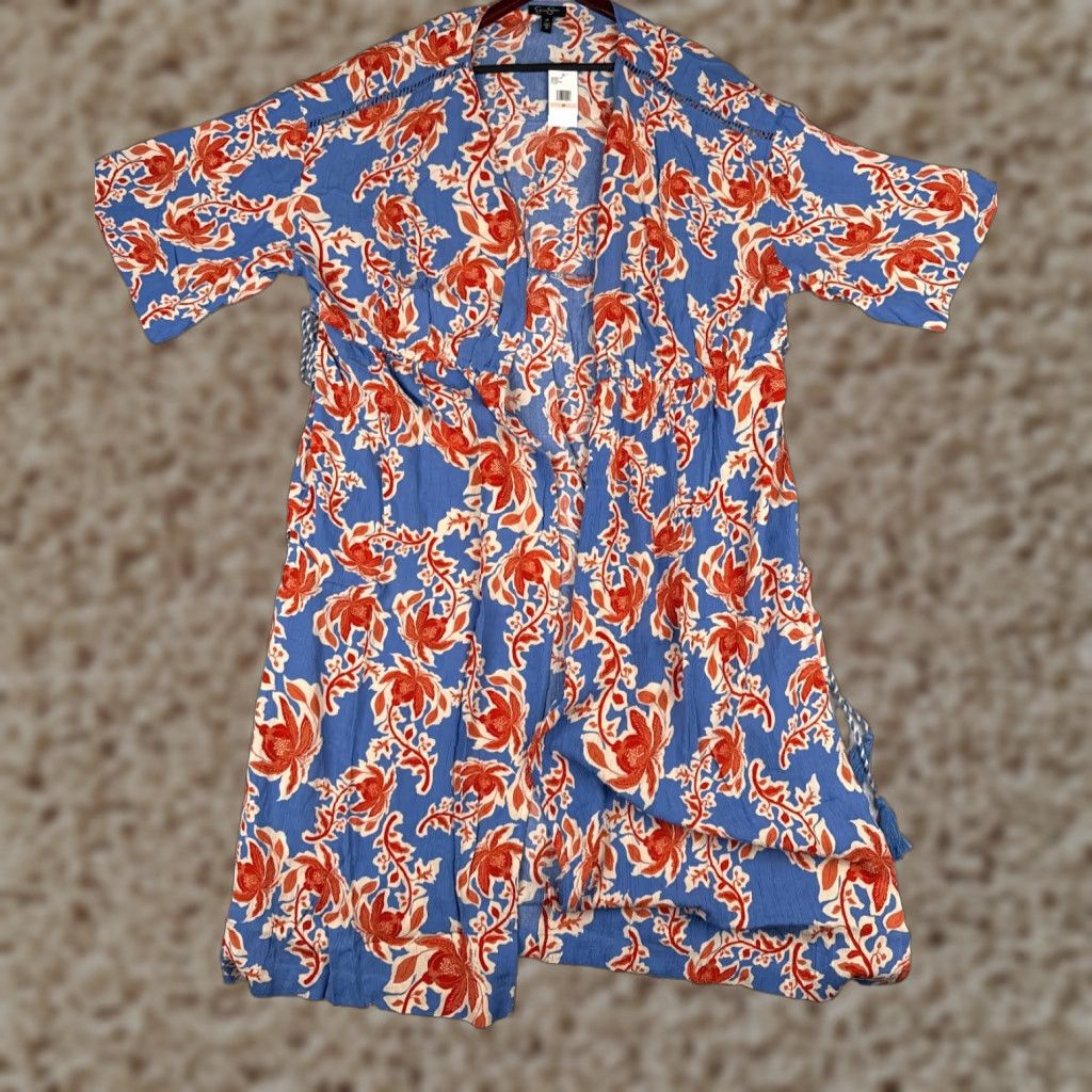 VINTAGE Jessica Simpson Women's Kimono Dress Floral Summer Lightweight Open  Tie Blue 2XL Womens