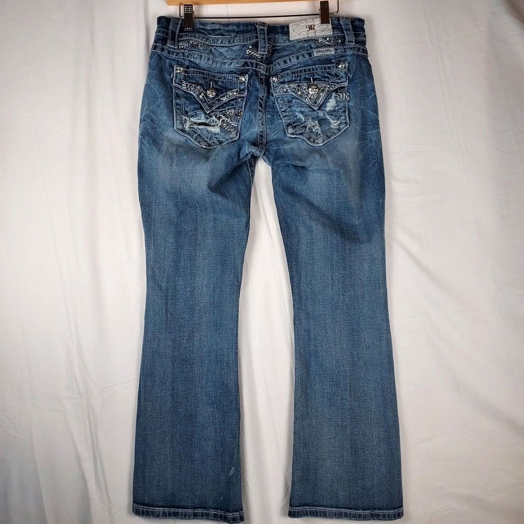 Miss Me Miss Me Easy Boot Mid Rise Bootcut Jeans 29 Women's Denim Blue Stretch Bling 5-Pocket Zip Slim Stability Size 29" - 2 Thumbnail