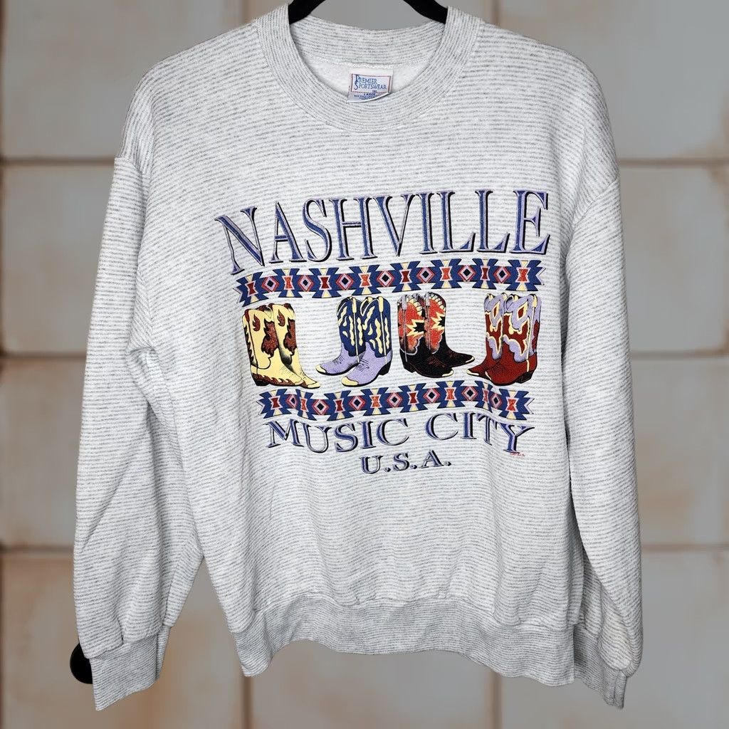 Vintage VINTAGE Premier Sportswear Nashville Music City USA Sweatshirt Mens Large Gray Cowboy Boots 90s Size US L / EU 52-54 / 3 - 1 Thumbnail