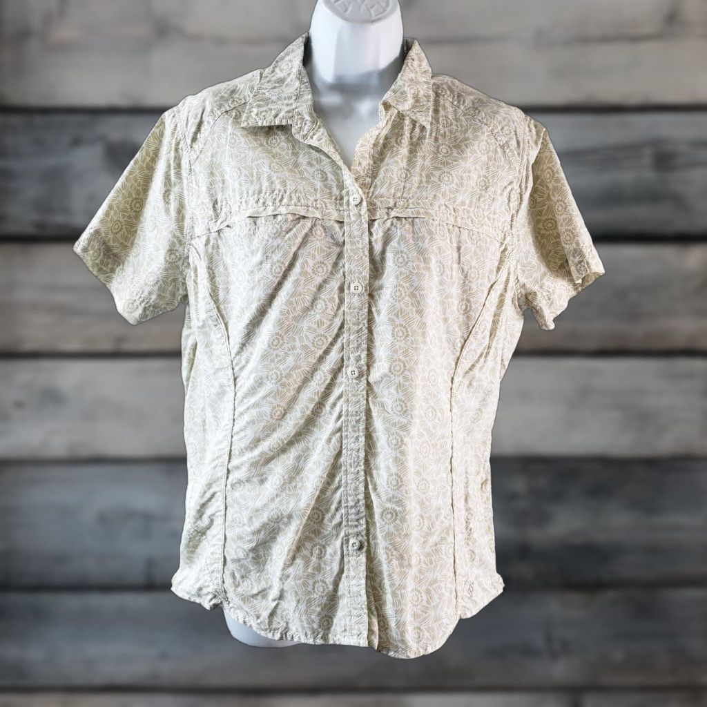 Eddie Bauer Eddie Bauer Sport Womens Button Front Shirt Sz Large Tan White Vented Nylon Shirt Short Sleeve Casual Mens Womens? Size L / US 10 / IT 46 - 1 Thumbnail