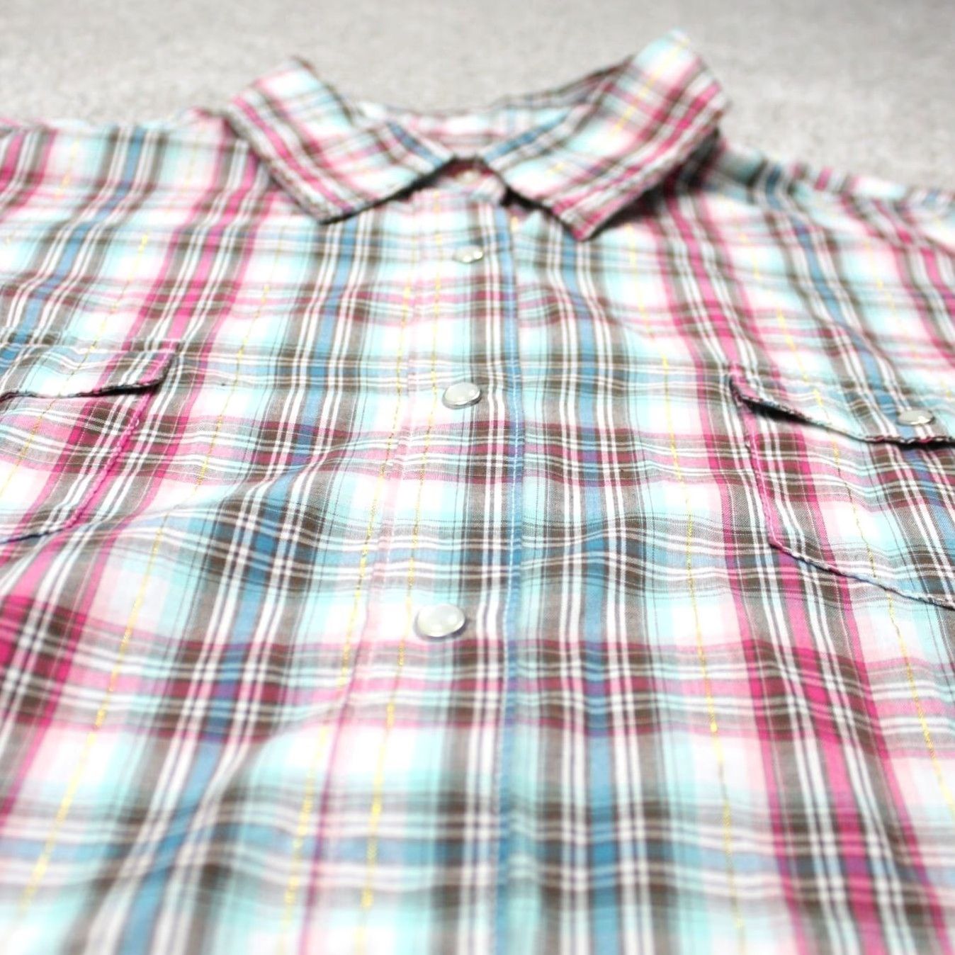 Wrangler Wrangler Wrancher Pearl Snap Shirt Mens 2XL Pink/Blue w/Gold Metallic Strip Size US XXL / EU 58 / 5 - 4 Thumbnail