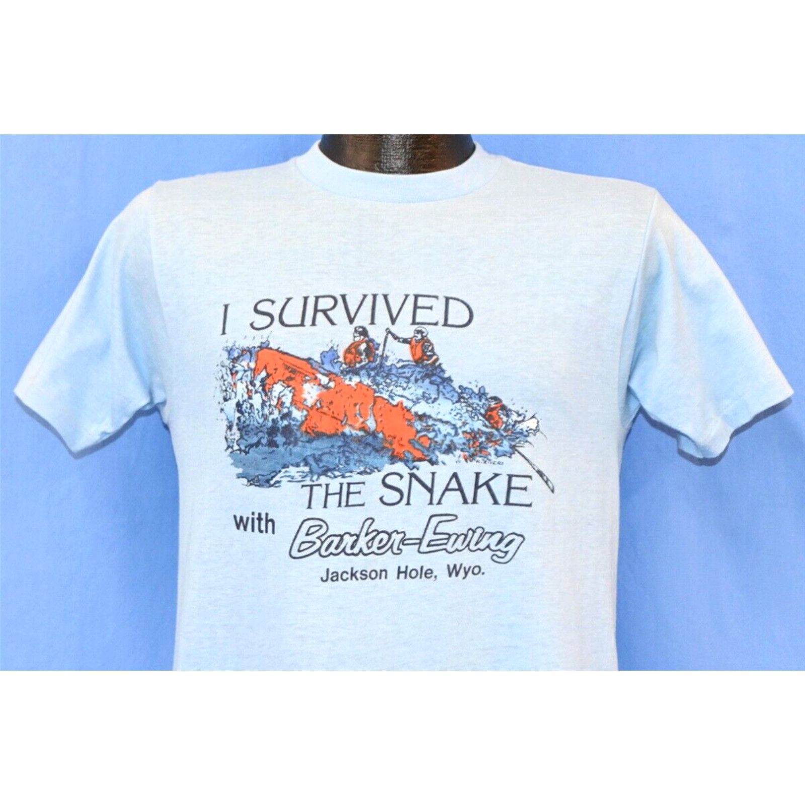 image of Vintage VTG 80's I Survived The Snake River Barker-Ewing Jackson Hole Wyoming T-Shirt S in White (S