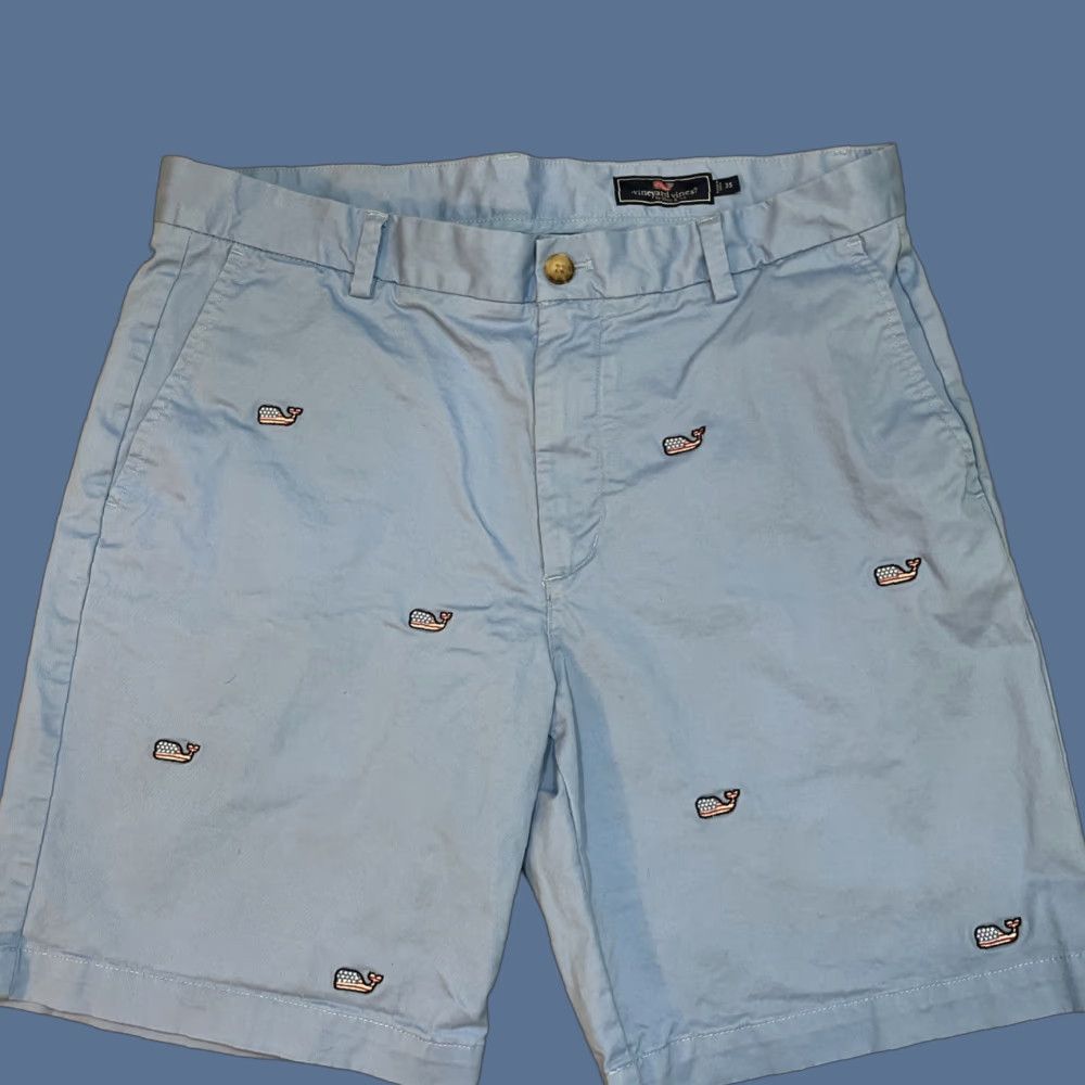 Vineyard Vines Vineyard Vines Shorts Mens Chino All Over Print AOP Whale American Flag 35 Waist Blue Logo Embroidered Pockets Button Zipper Regular Inseam 8 Size US 35 - 1 Thumbnail