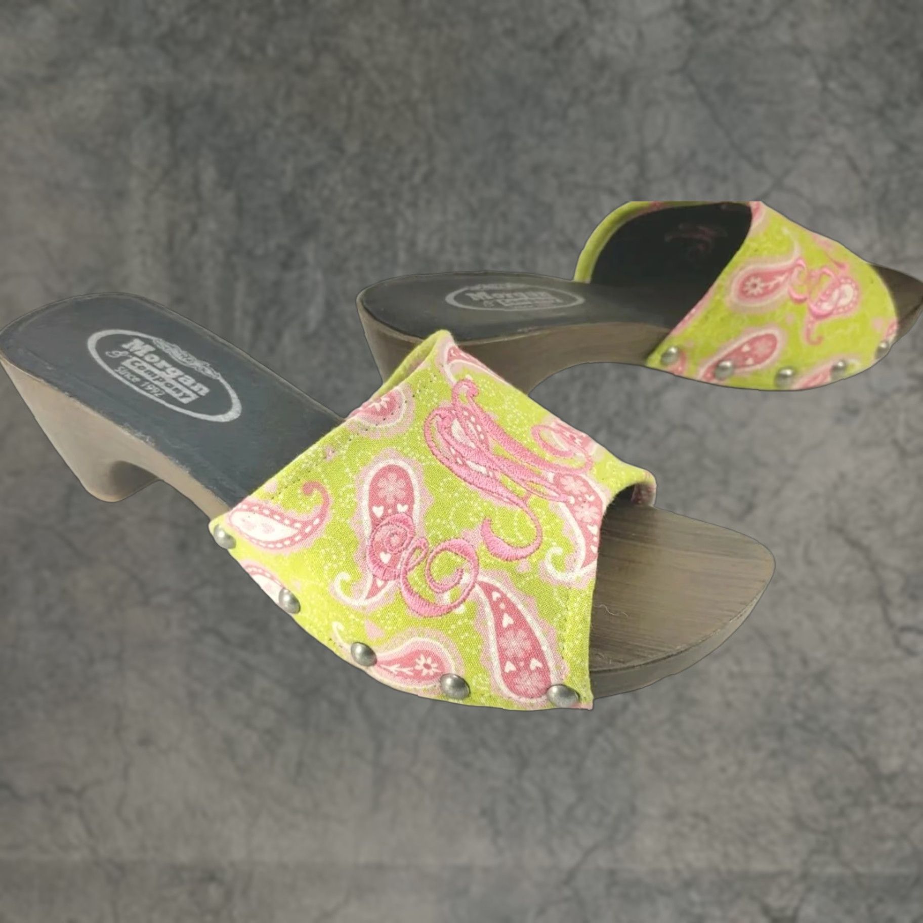 Vintage Morgan & Company Pink Chartreuse Paisley Women’s Sandal Slide Kitten Heel 8M Size US 8 / IT 38 - 1 Thumbnail