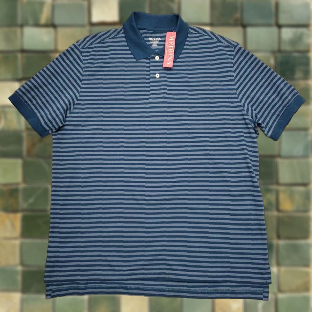 Merona Merona Shirt Men XL Blue Striped Polo Short Sleeve 100% Cotton Classic Casual Golf Walking Mens Size US XL / EU 56 / 4 - 1 Thumbnail