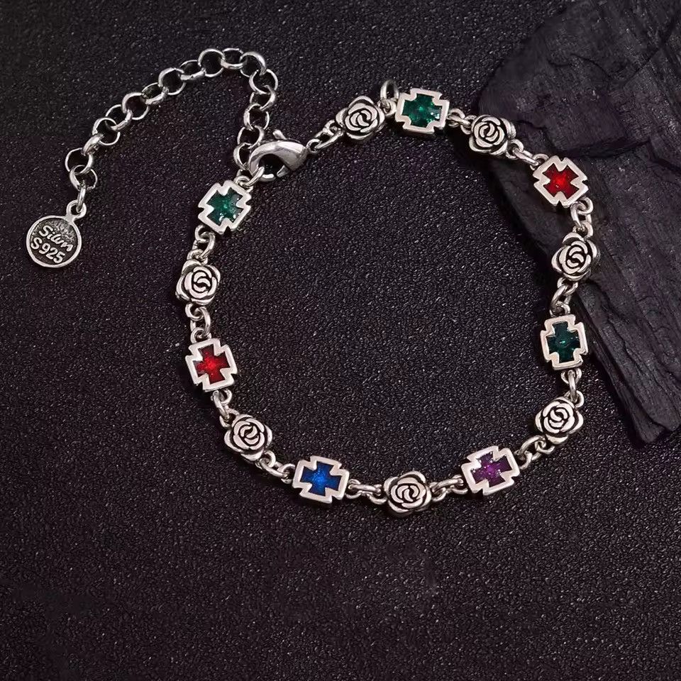 Jewelry Sweet Rose Flower Cross Shiny Colorful Crystal Bracelet Size ONE SIZE - 6 Thumbnail
