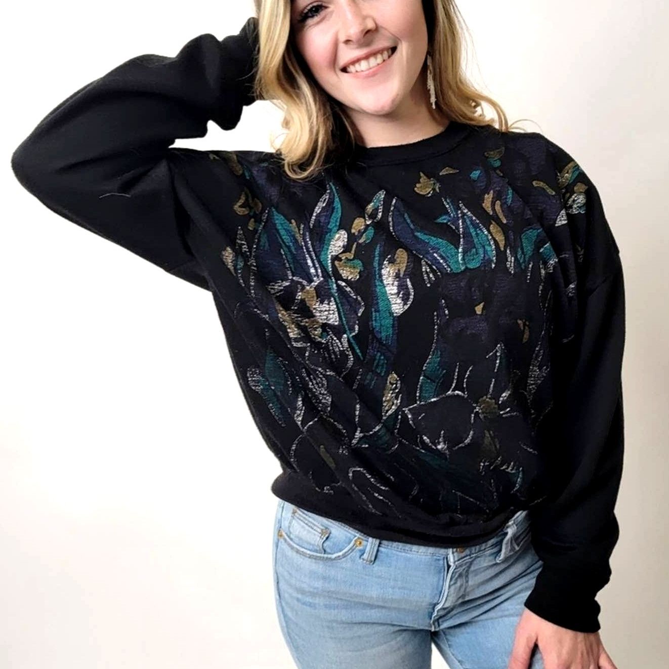 Vintage Vintage 90s Black Muted Floral Sweatshirt Size M / US 6-8 / IT 42-44 - 1 Thumbnail