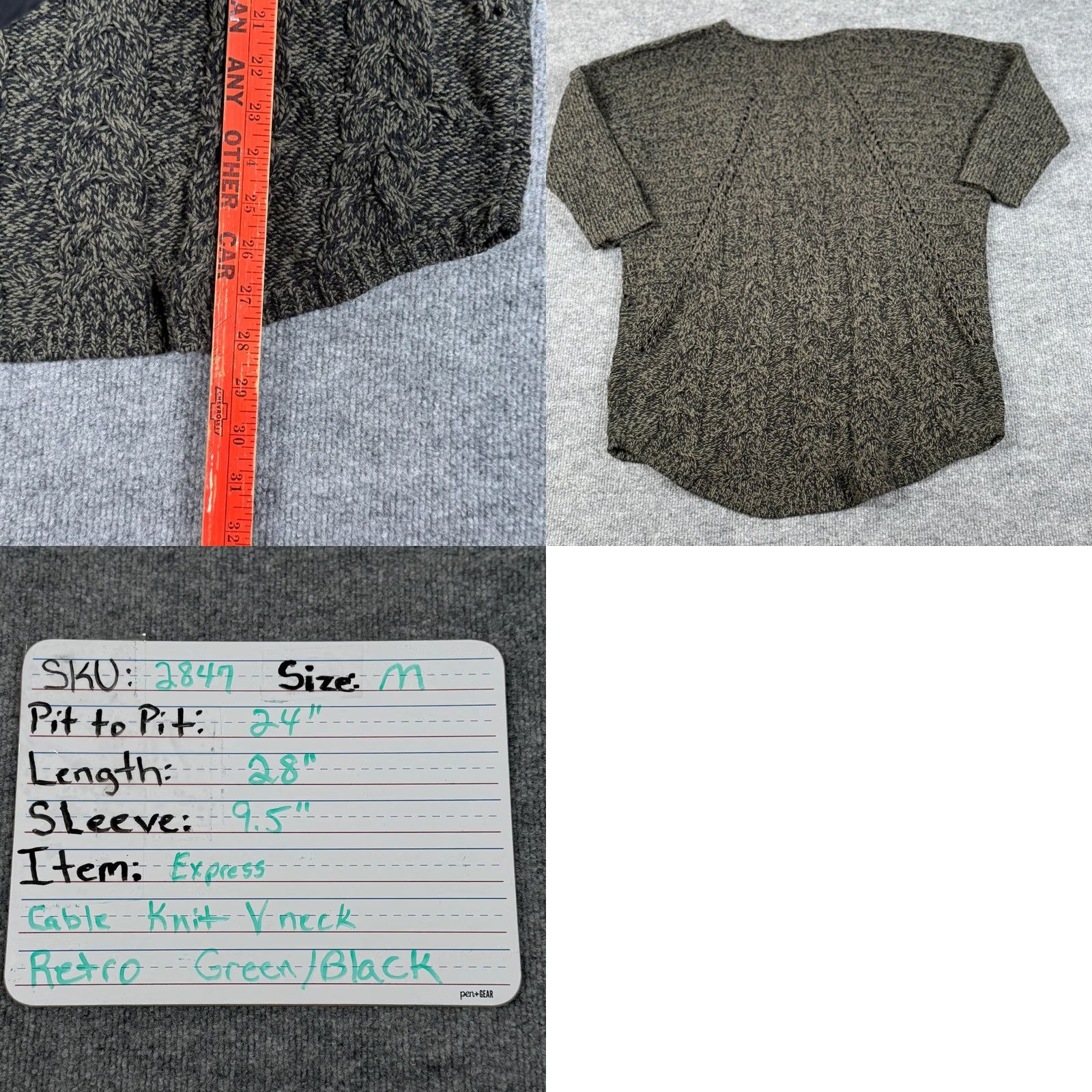 Express VINTAGE Express Cable Knit V-Neck Sweater Womens Green Black Marled Retro Pullover Fall Size M / US 6-8 / IT 42-44 - 8 Thumbnail