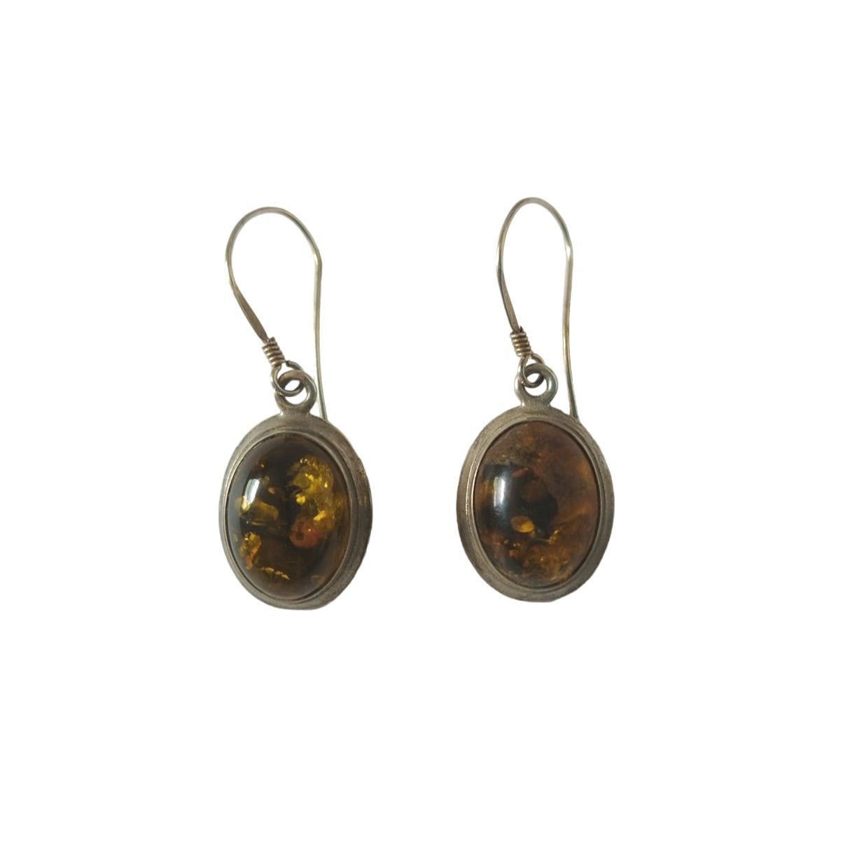 The Unbranded Brand Signed V-8 Oval Green Amber Dangle Earrings Sterling Silver Size ONE SIZE - 1 Thumbnail