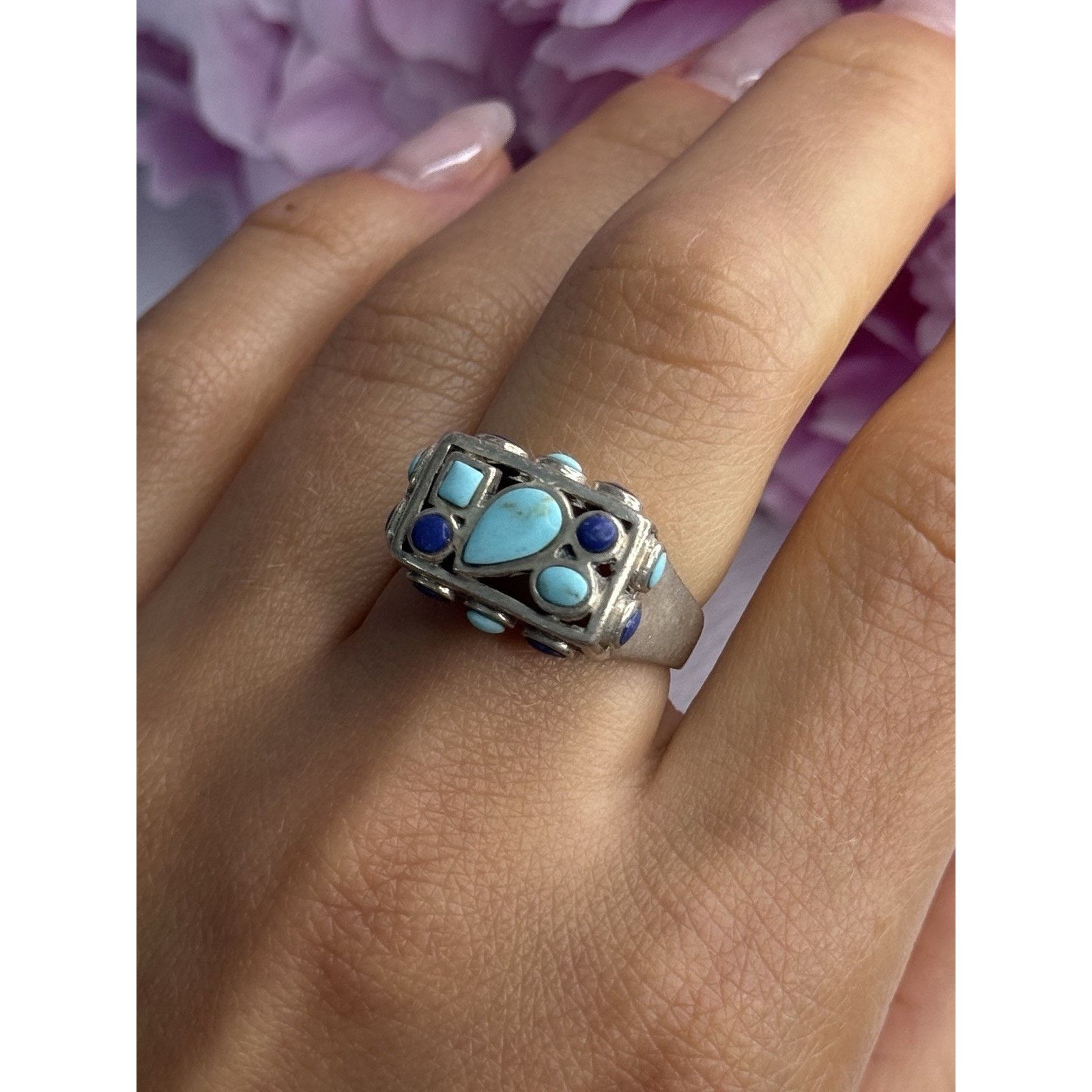 Jewelry 925 STERLING SILVER TURQUOISE & SODALITE RING SIZE 7.5 Size ONE SIZE - 7 Thumbnail
