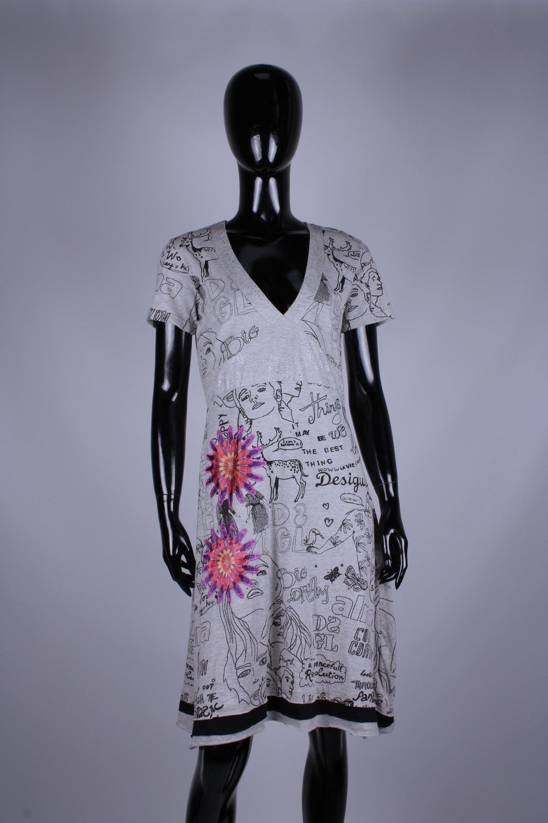 Designer × Desigual DESIGUAL Printed Big Dream A-Line Gray Cotton Blend Dress Size L / US 10 / IT 46 - 1 Thumbnail