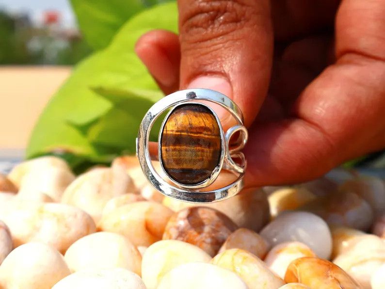 Handmade Tiger's Eye Ring, 925 Silver Ring, Handmade Oval Gemstone, Size ONE SIZE - 3 Thumbnail
