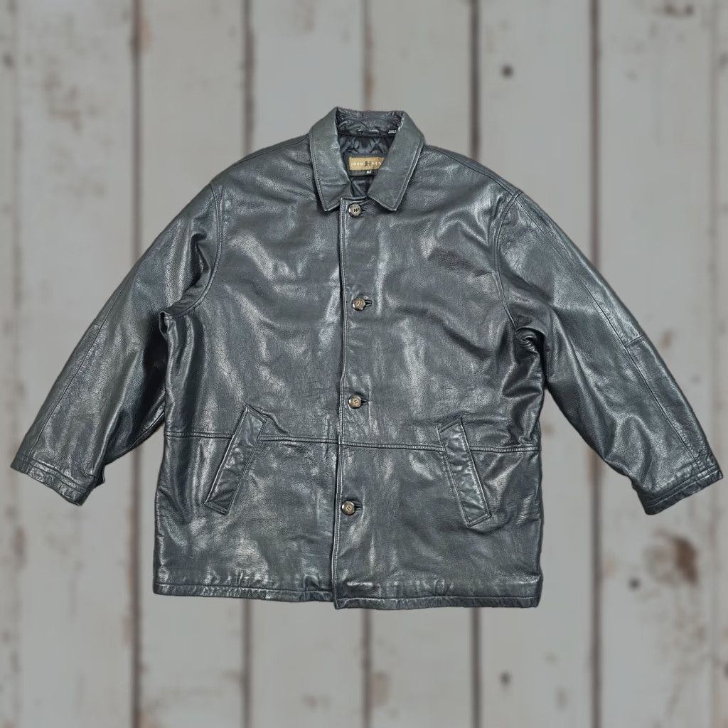 JOHN HENRY Black Leather Jacket XL Tall Lined Button Front Classic Outdoor Mens