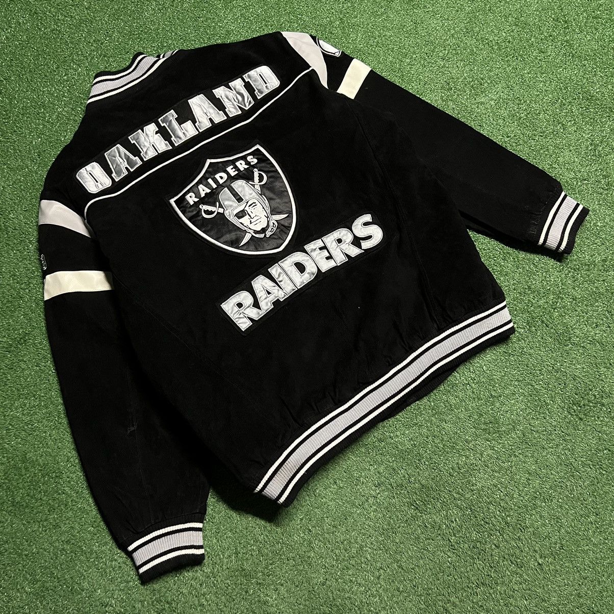 image of Vintage Nfl Oakland Raiders Embroidered Patch Varsity Jacket in Black, Men's (Size 2XL)