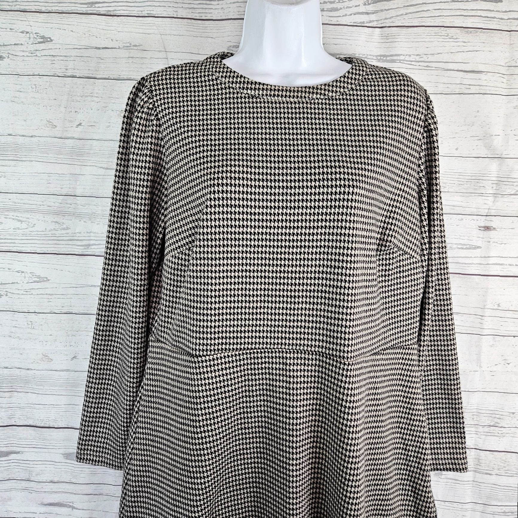 Loft Ann Taylor LOFT Womens Dress Sz 14P Black Houndstooth Long Sleeve Size XL / US 12-14 / IT 48-50 - 2 Thumbnail