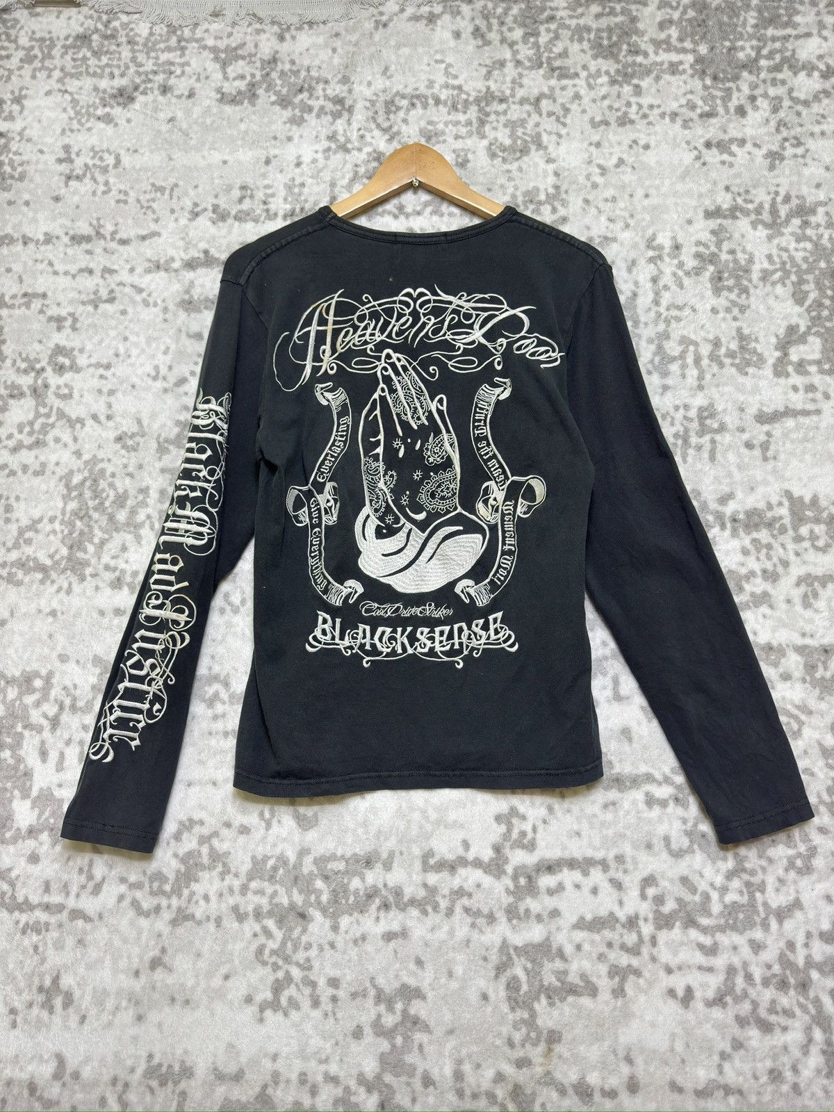 C.D.S BlackSense Praying Hands Gothic Text Long Sleeve Shirt