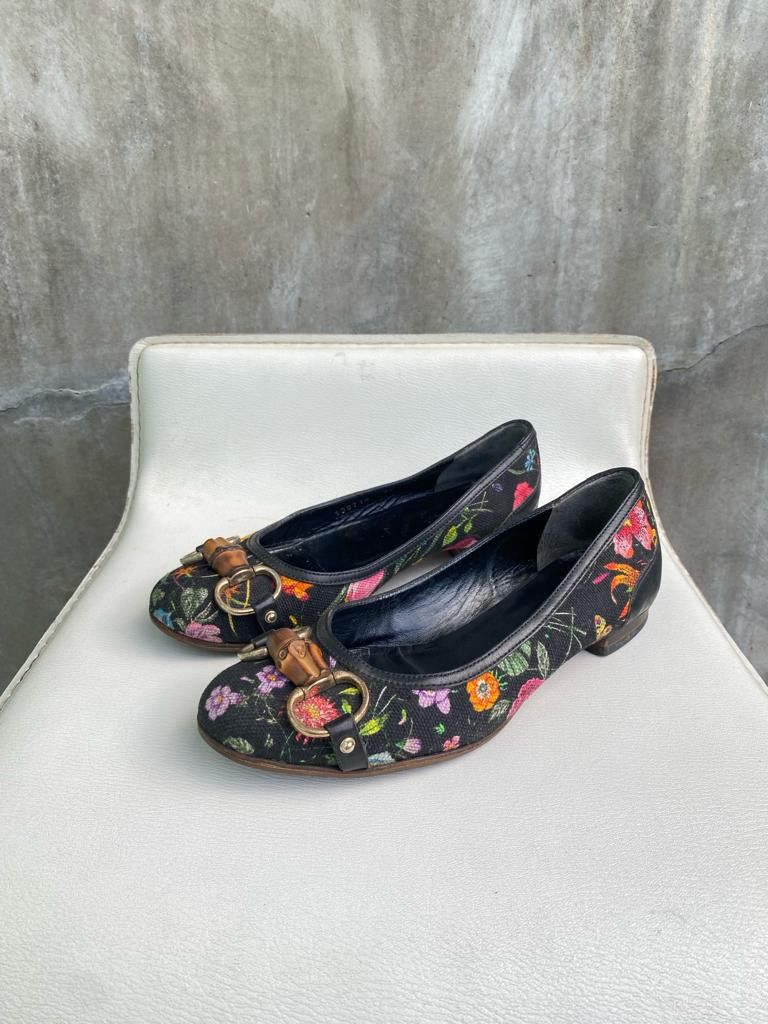 Gucci Black Flora Bamboo Ballet Heeled Flats Size US 5 / IT 35 - 1 Thumbnail