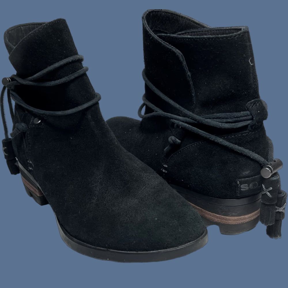 SOREL SOREL Farah Bootie Boots Ankle Black Suede Leather Tie Tassel Size 7.5 Women) Size 30" / US 8 / IT 44 - 1 Thumbnail
