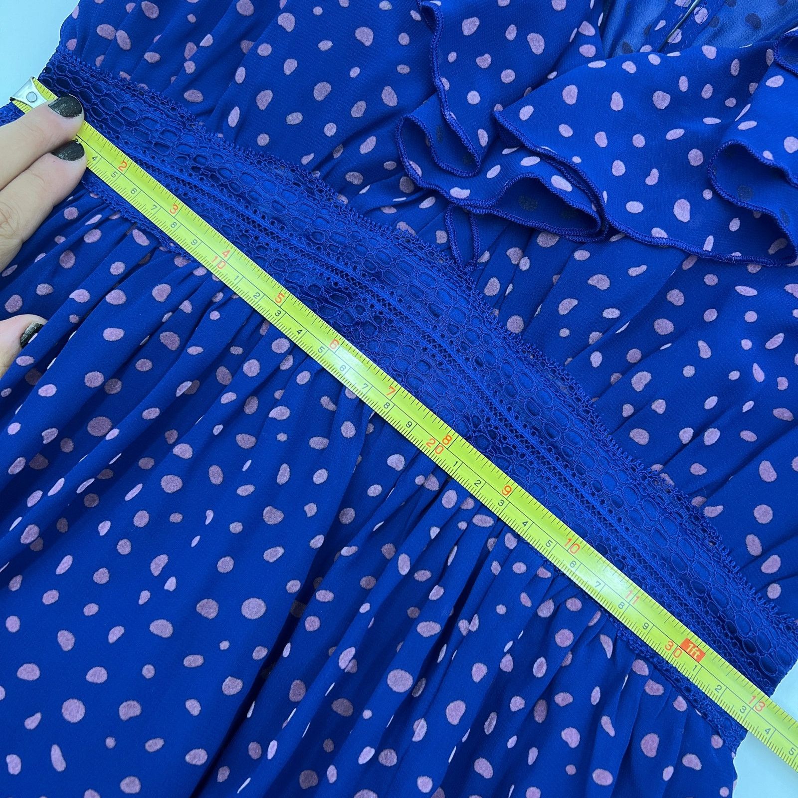 Other Three Floor Polka Dot Ada Dress Blue Ruffles V Neck Midi Size S / US 4 / IT 40 - 7 Thumbnail