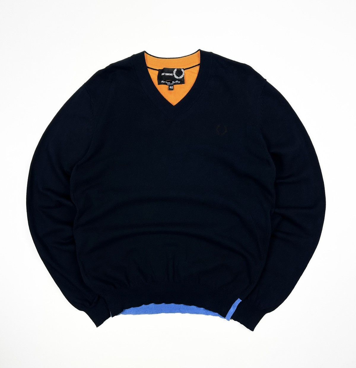Rare Fred Perry x Raf Simons navy V-Neck cotton Sweater