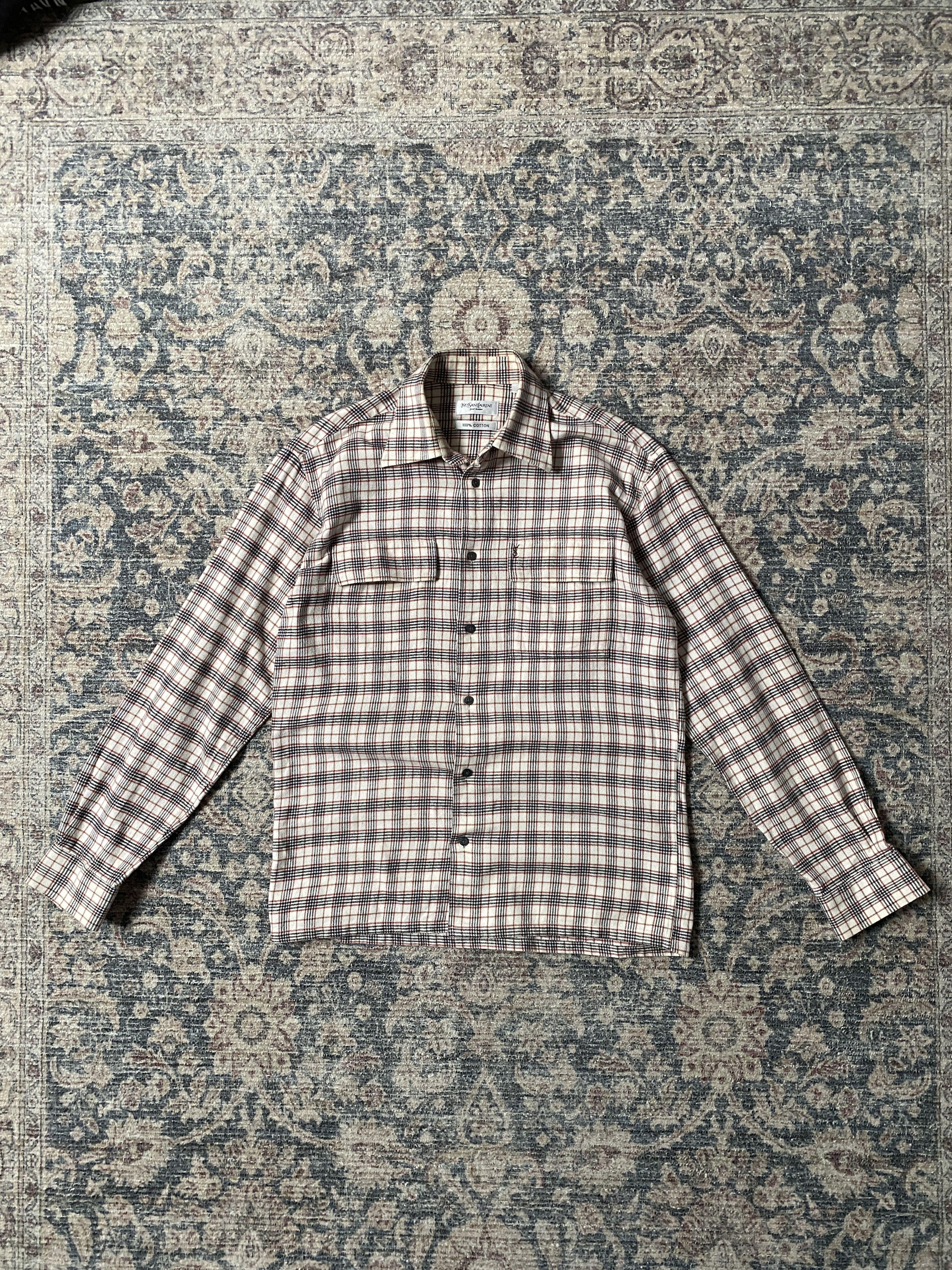 image of Vintage Flannel YSL Shirt Heavy Cotoon Embroidered Logo in Beige, Men's (Size Small)