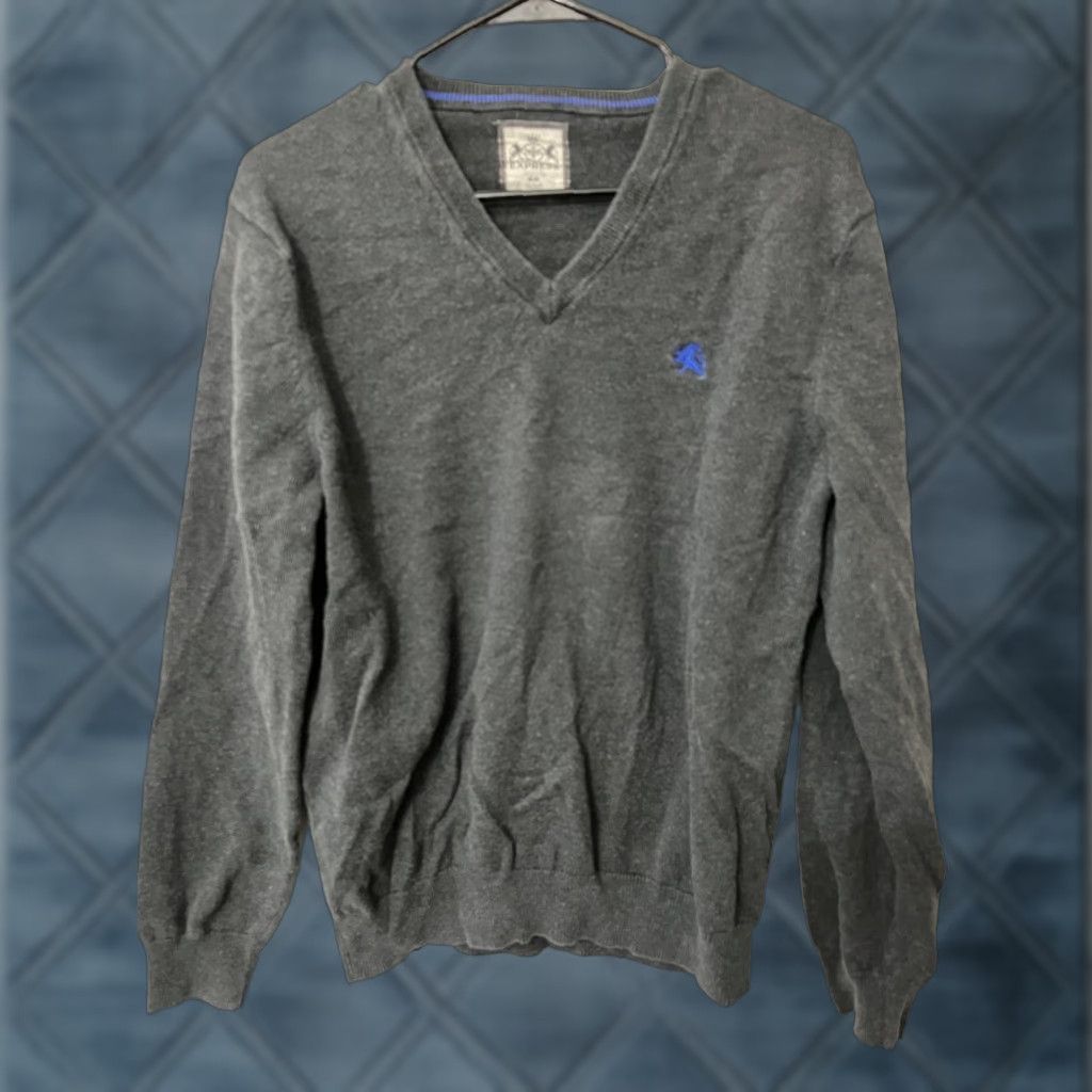 Express Express Mens V-Neck Sweater Size M Charcoal Gray Pullover Knit Cotton Regular Long Sleeve Size US M / EU 48-50 / 2 - 1 Thumbnail