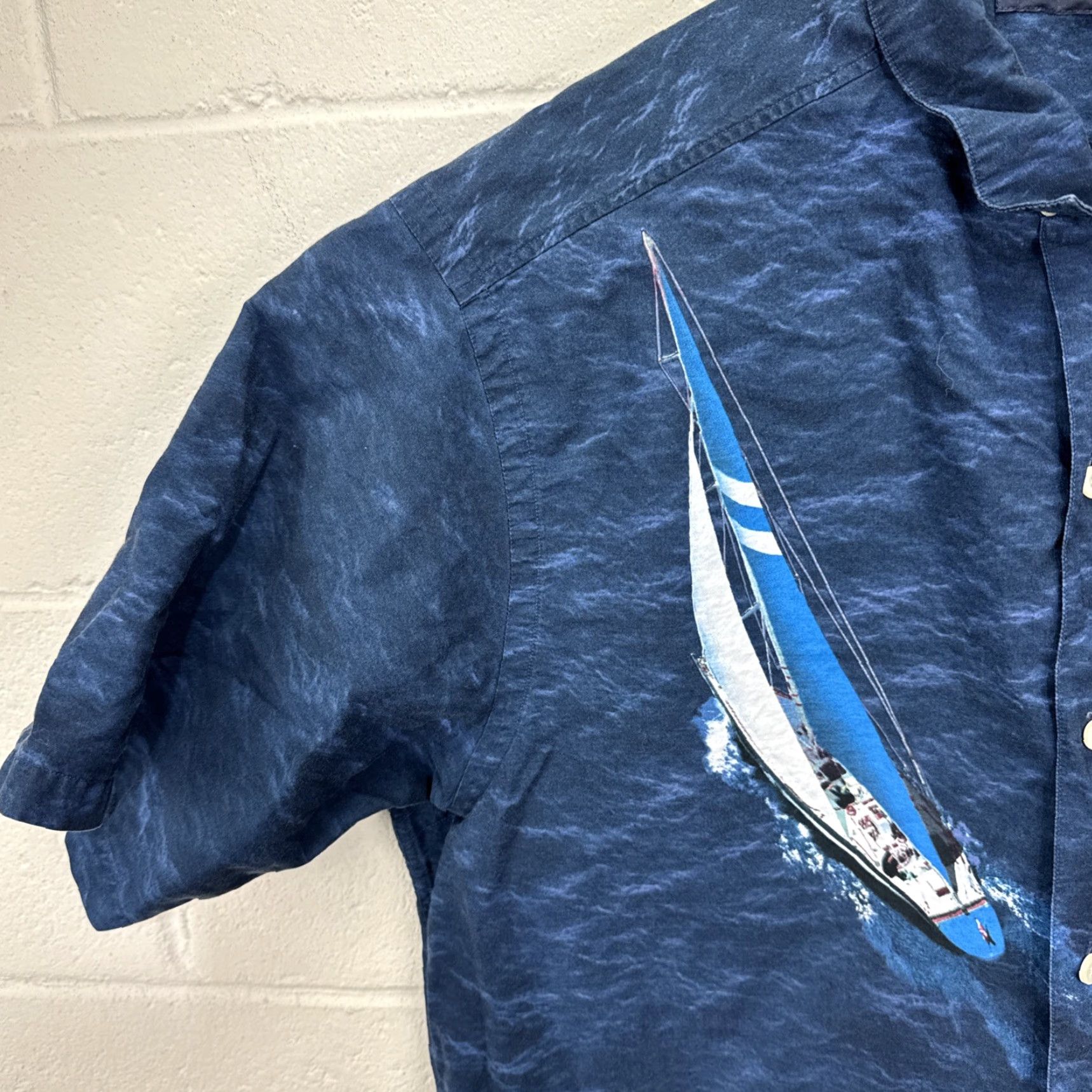 Nautica VINTAGE Nautica Shirt Mens Large Blue Button-Up Short Sleeve Sailboat Hong Kong 90s Beach Nautical Shirt Mens L Blue 90s Nautical Beach Mens Shirt Size US L / EU 52-54 / 3 - 5 Thumbnail