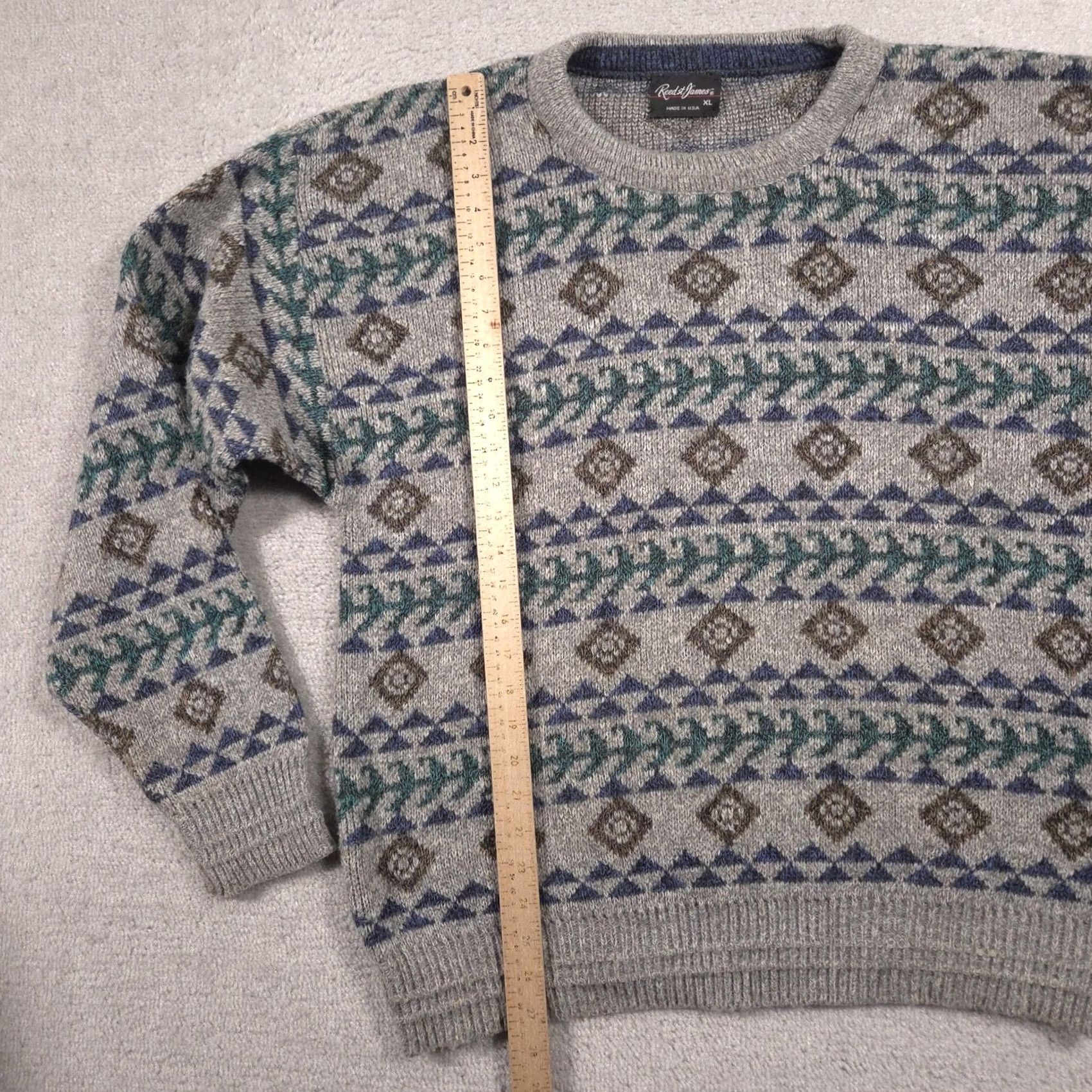 Vintage Reed St. James Sweater Mens XL Gray Geometric Knit Crewneck Pullover Made In USA Size US XL / EU 56 / 4 - 6 Thumbnail
