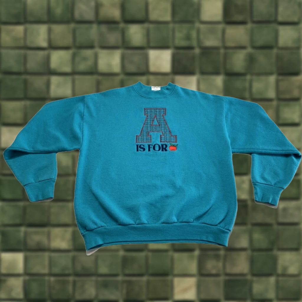 Fruit Of The Loom VINTAGE A is For embroidered Letter A Sweatshirt USA Fruit Of The Loom XL Teal Unisex Adults Crew Neck Long Sleeve Pullover 90s School Cotton Blend Size US XL / EU 56 / 4 - 1 Thumbnail