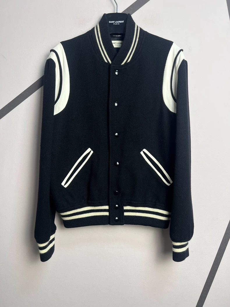 Hedi Slimane Saint Laurent Black and White Patchwork Leather Wool Baseball Jacket Size US M / EU 48-50 / 2 - 1 Thumbnail