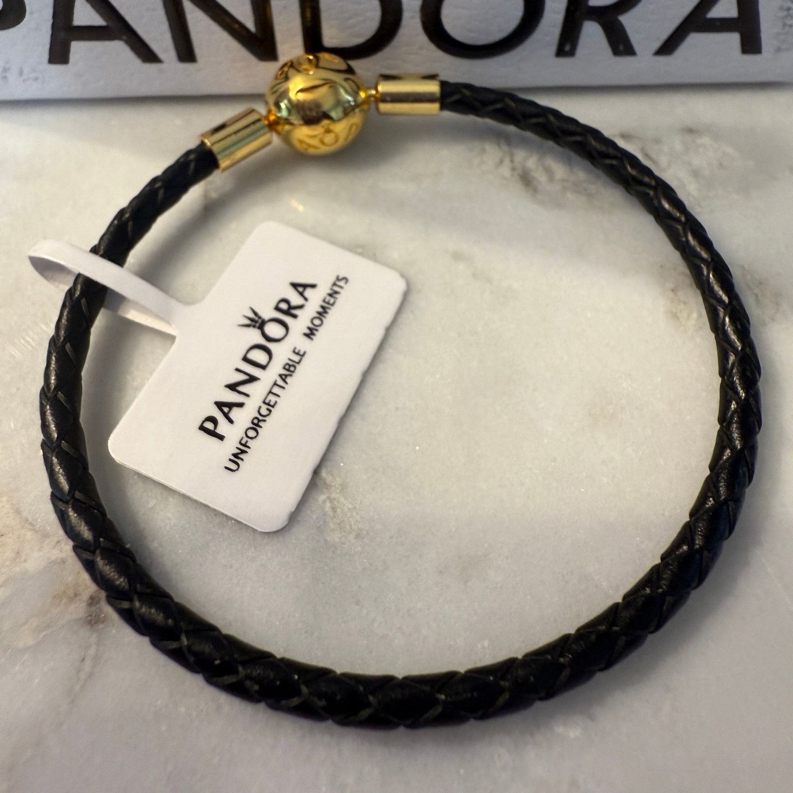 pandora Authentic Pandora, SZ 19CM, Black Braided Leather Charm Brac Size ONE SIZE - 1 Thumbnail