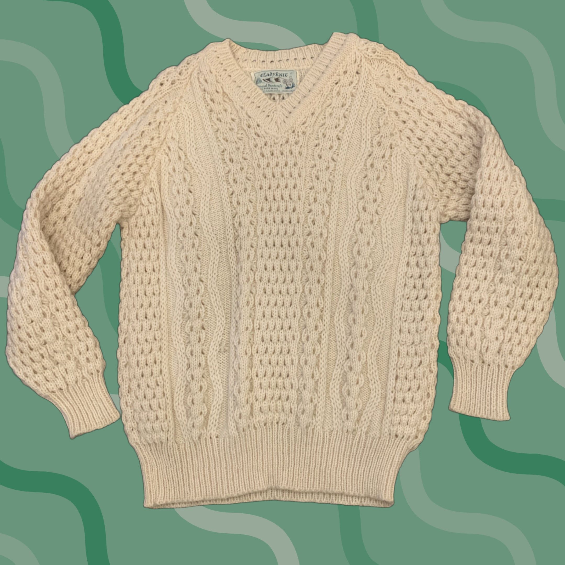 VINTAGE Cladyknit Donegal Handcraft Sweater 40 M Womens Cream Irish Aran Knit Crew Neck Pullover Knit Wool Cable Knit