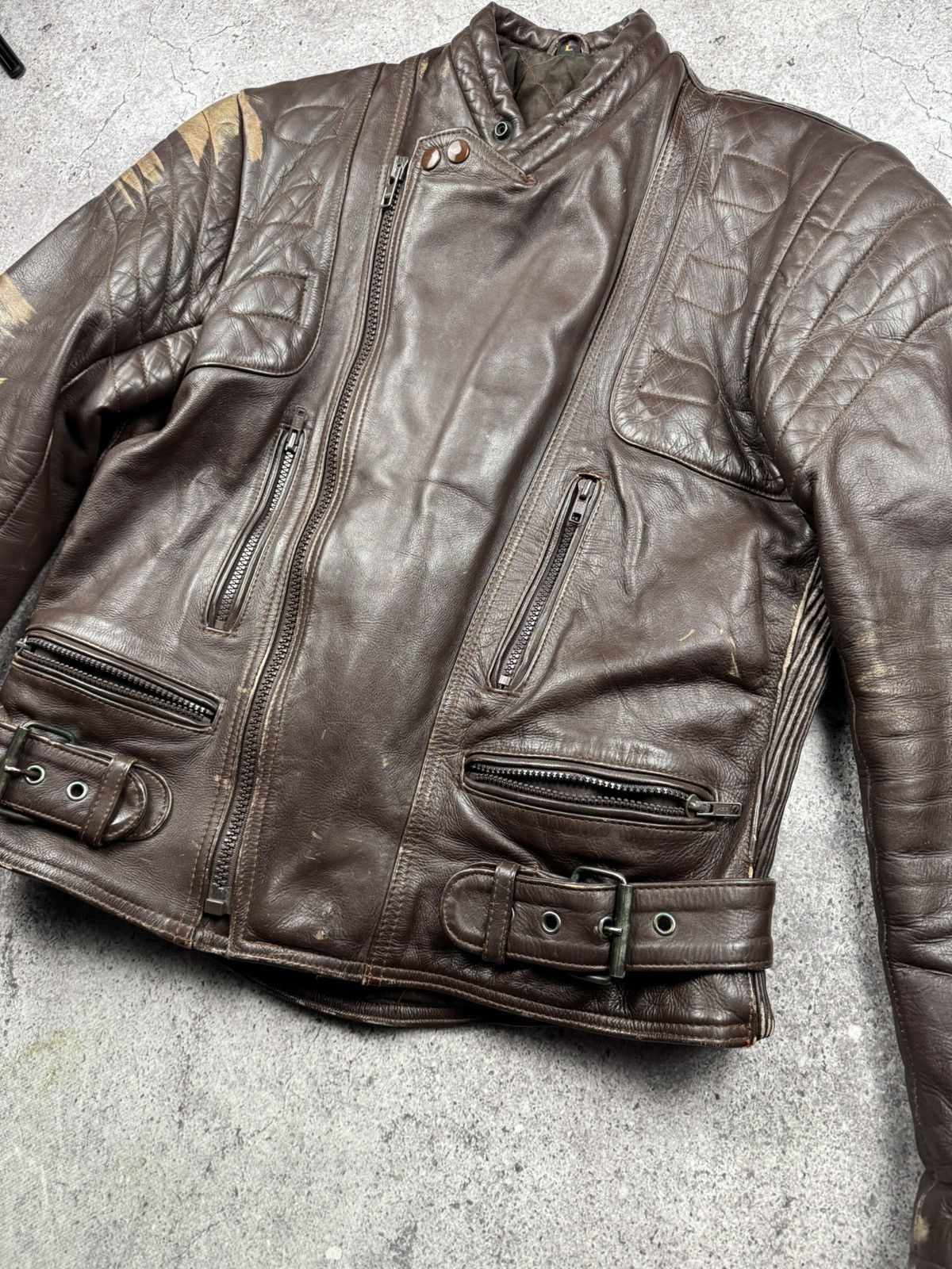 Vintage VINTAGE 80S BROWN BIKER RAMONES FADED RACING LEATHER JACKET Size US L / EU 52-54 / 3 - 12 Thumbnail