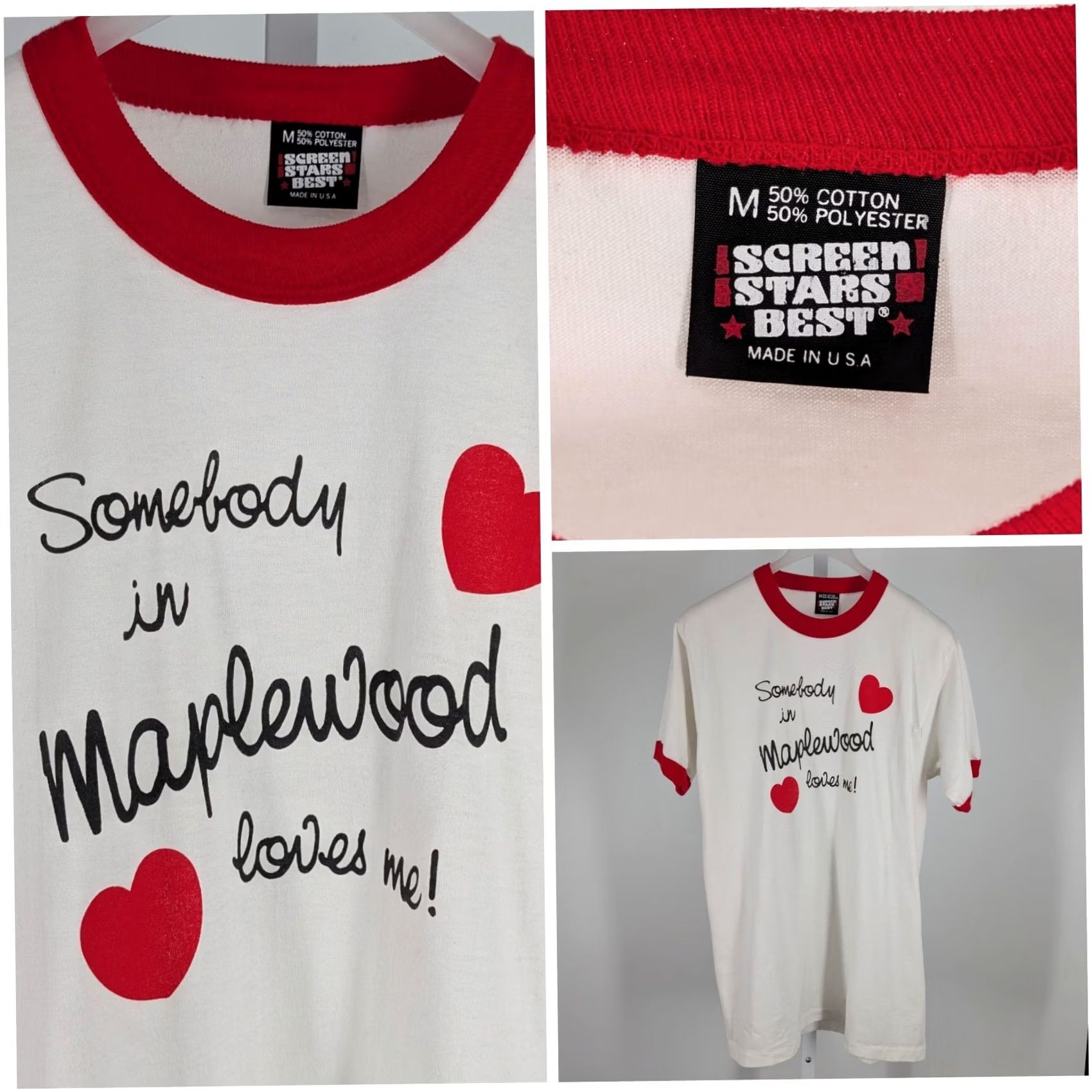 Vintage VINTAGE Screen Stars Best Maplewood Loves Me Ringer Tee Mens T-Shirt White 50/50 USA Maplewood NJ Size US M / EU 48-50 / 2 - 2 Thumbnail