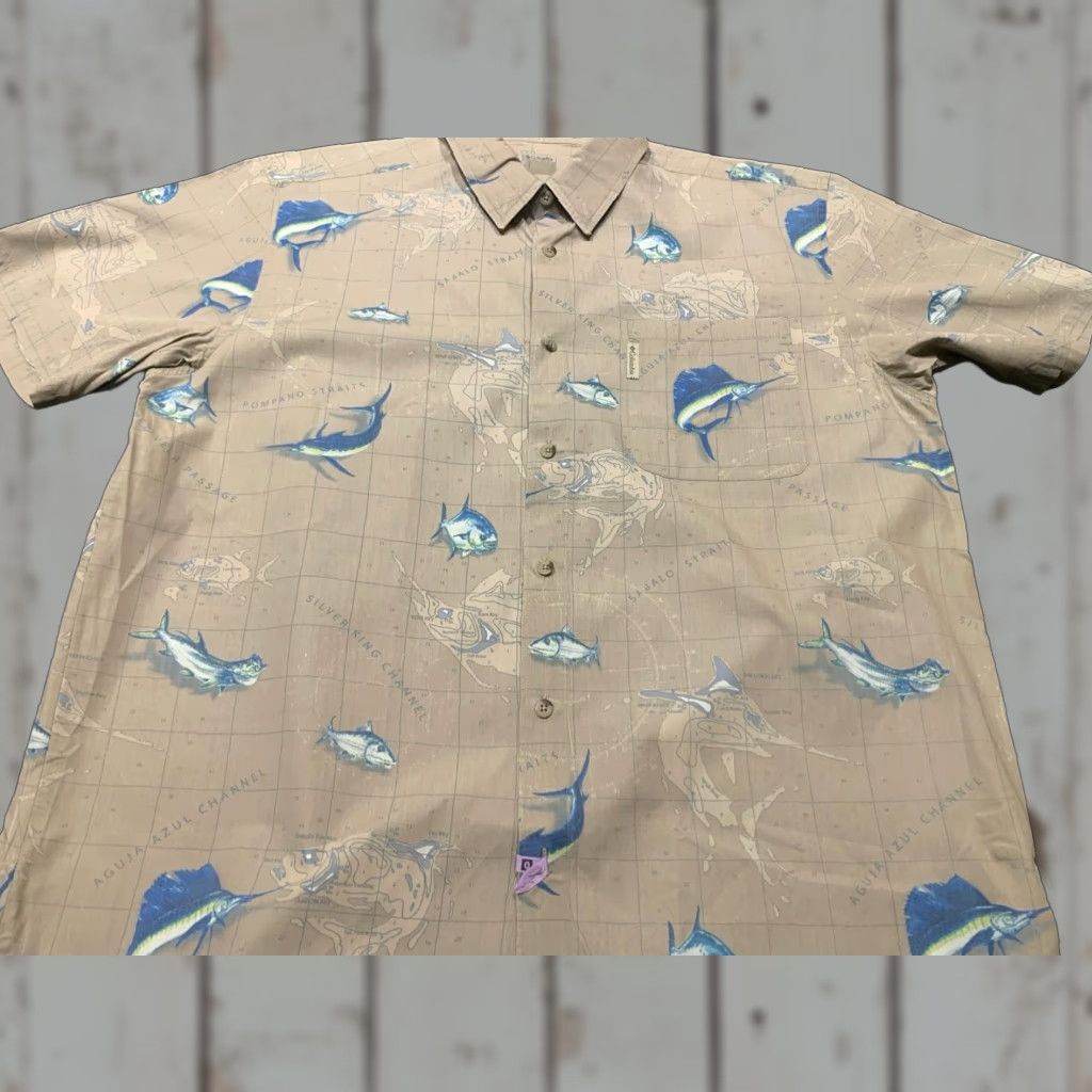Vintage Columbia River Lodge Shirt Adult Men XL Beige Short Sleeve Button-Down Cotton Classic Outdoor Fish Pattern Size US XL / EU 56 / 4 - 1 Thumbnail