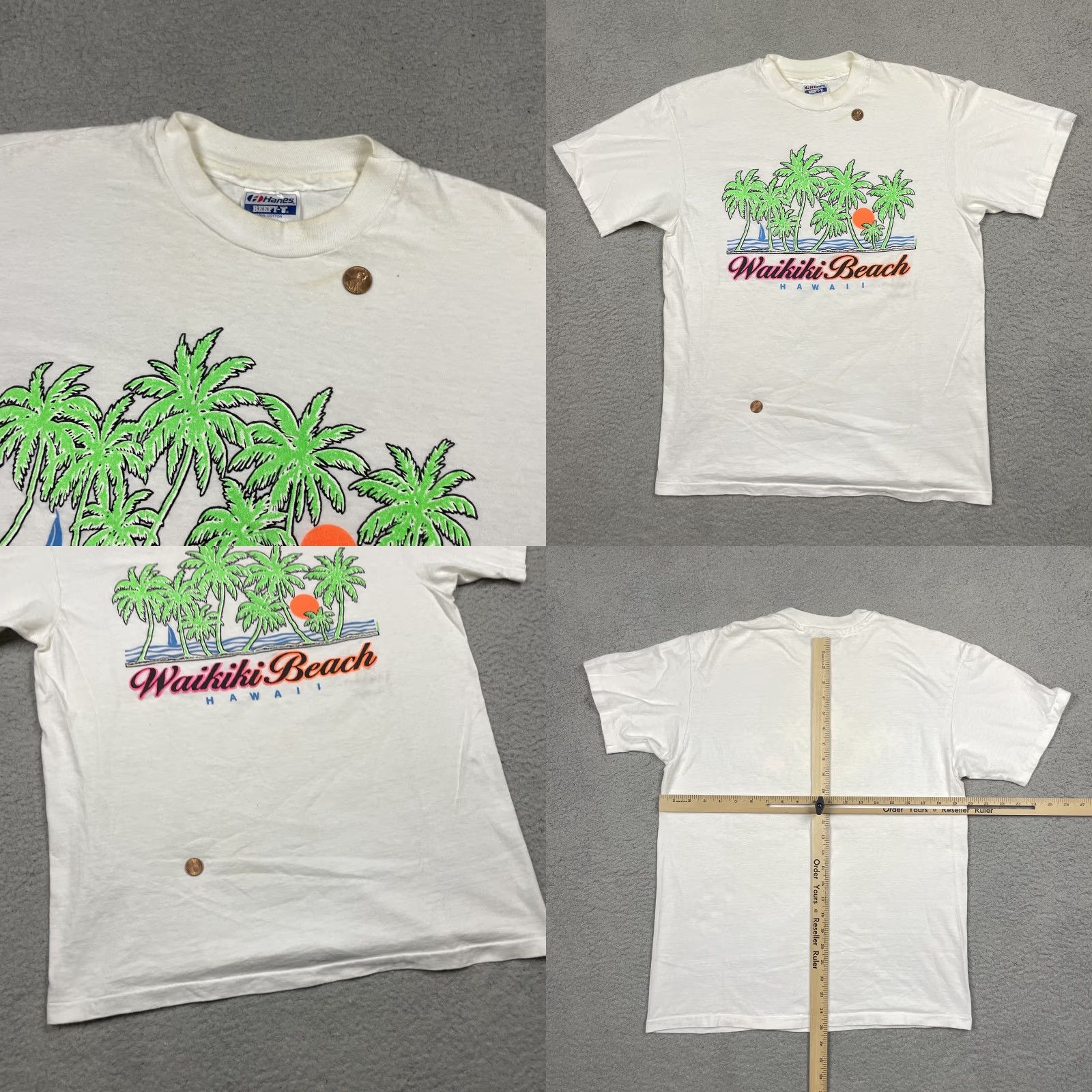 Hanes VINTAGE Waikiki Hawaii T-Shirt Large L 90s USA Made Tee Blue Pink Green Size US L / EU 52-54 / 3 - 8 Thumbnail