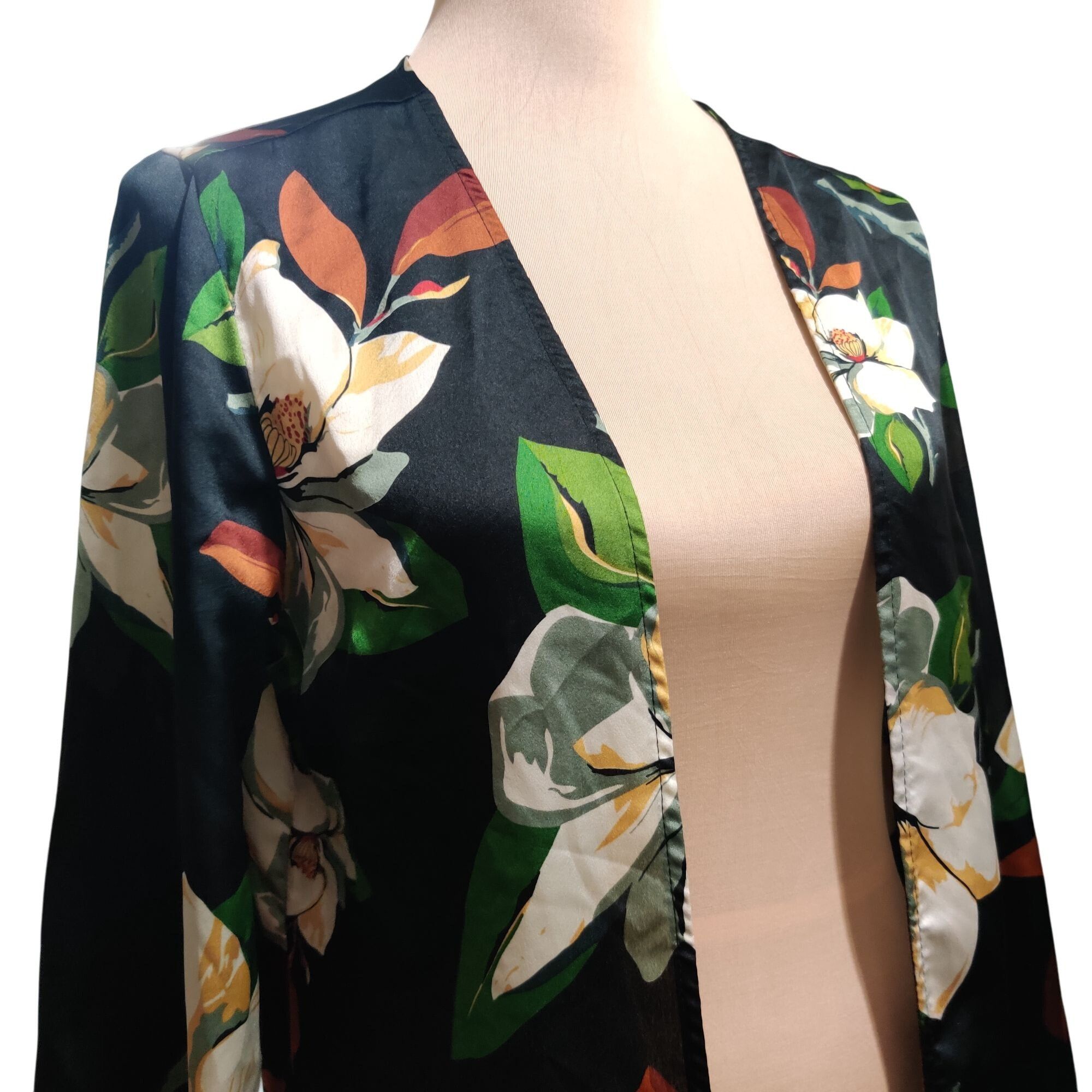 Boohoo Boohoo M/L Black Floral Kimono Open Front Lightweight Jacket Size M / US 6-8 / IT 42-44 - 2 Thumbnail