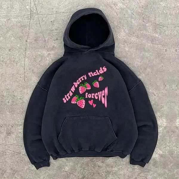 Japanese Brand Kumi Black washed vintage strawberry print hoodie y2k Size US L / EU 52-54 / 3 - 1 Thumbnail