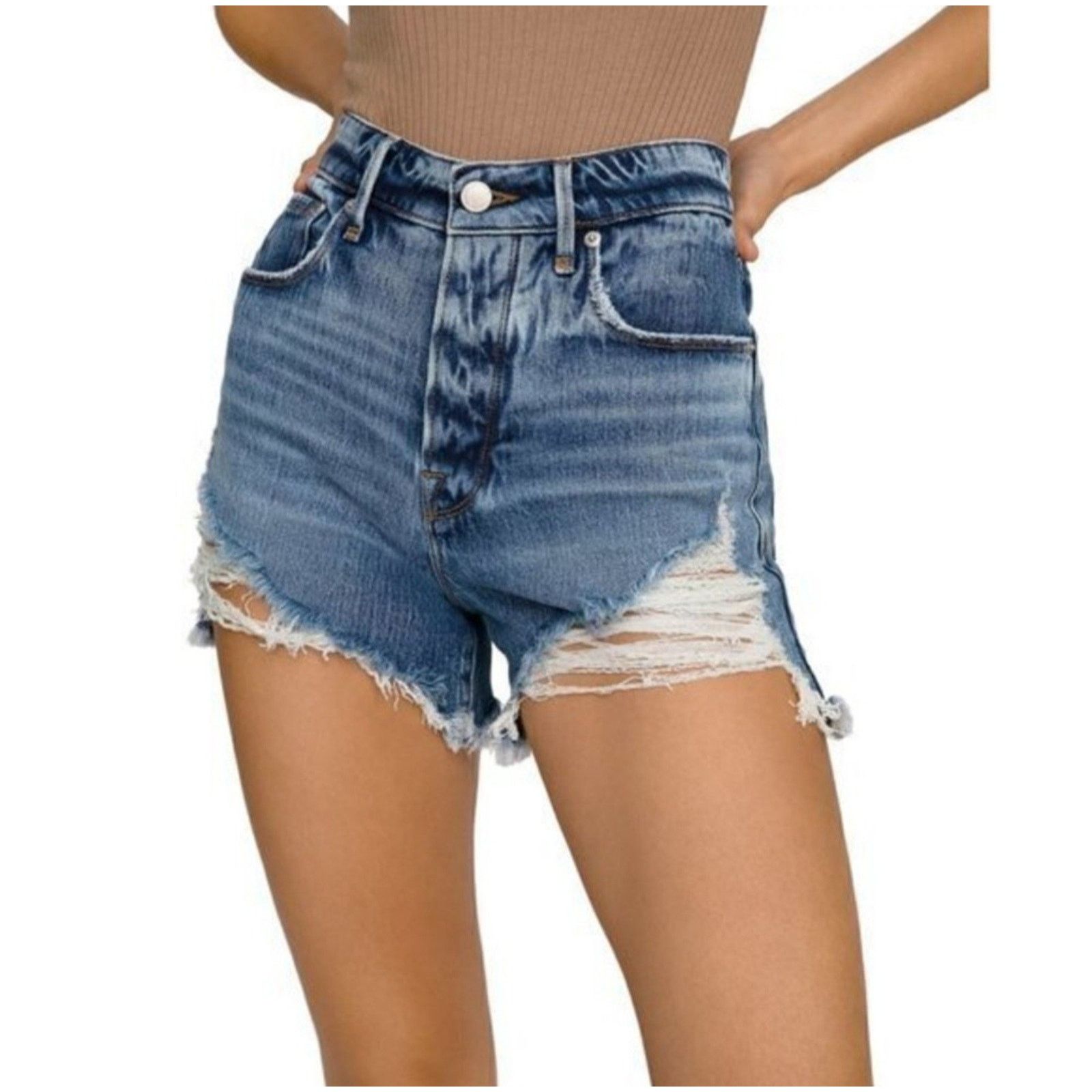 Good American Good American Bombshell Frayed Denim Shorts 10/30 Distressed Size 32" / US 10 / IT 46 - 1 Thumbnail