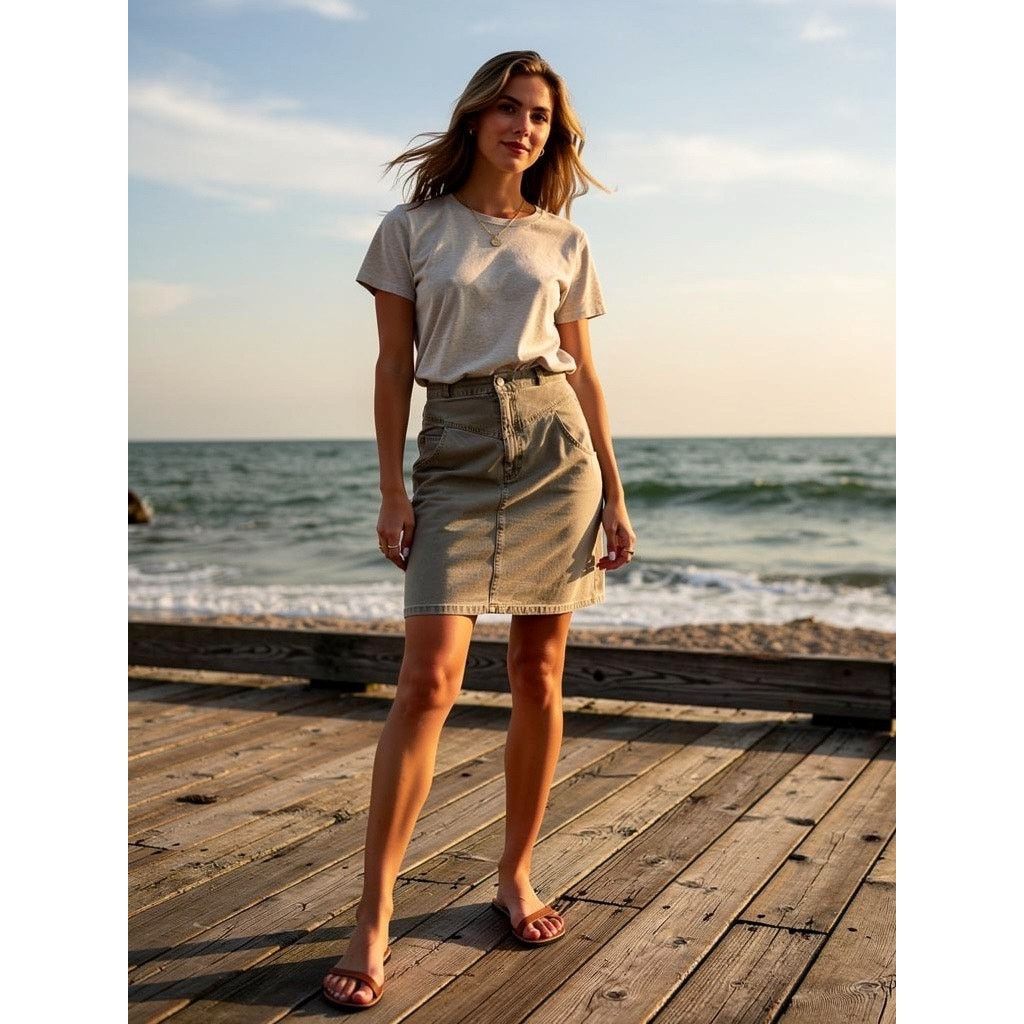 Vintage Contrast Denim Army Green Skirt Size 29" - 1 Thumbnail