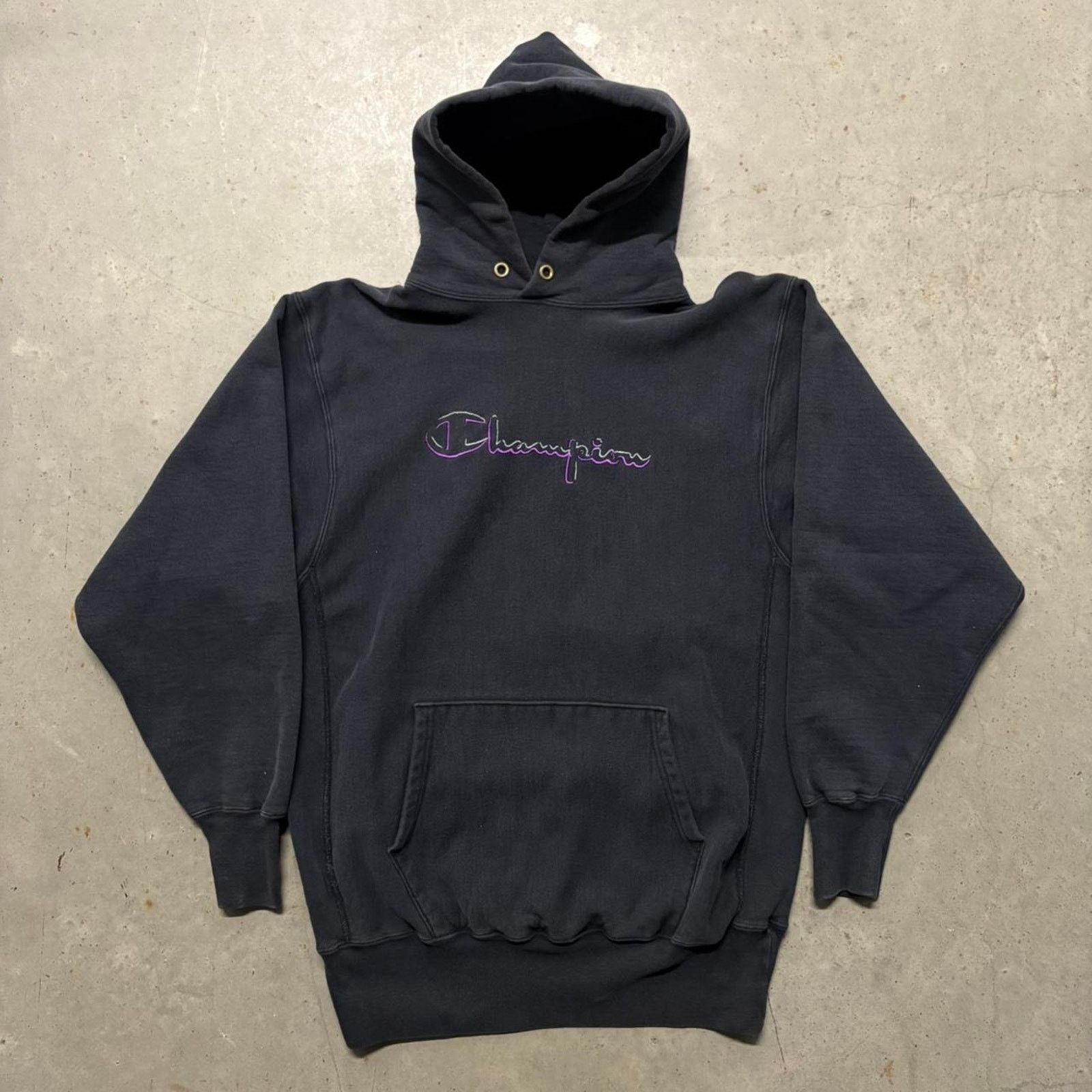 90's Champion REVERSE WEAVE USA製 BLACK Crazy Vintage 90s Champion Reverse Weave Embroidered Hoodie