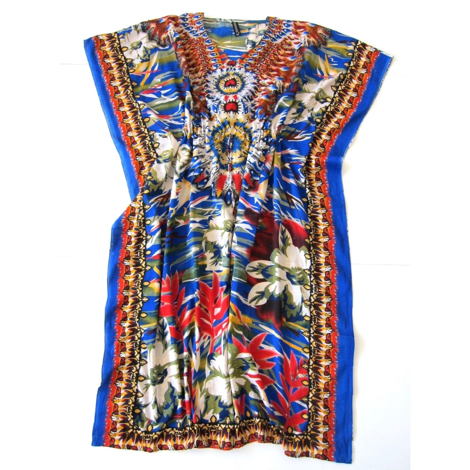 Vintage VINTAGE True Rock Floral Blue Red Green V-Neck Long Maxi Kaftan Tunic Muumuu Dress OS Dress for Women Size ONE SIZE - 2 Thumbnail