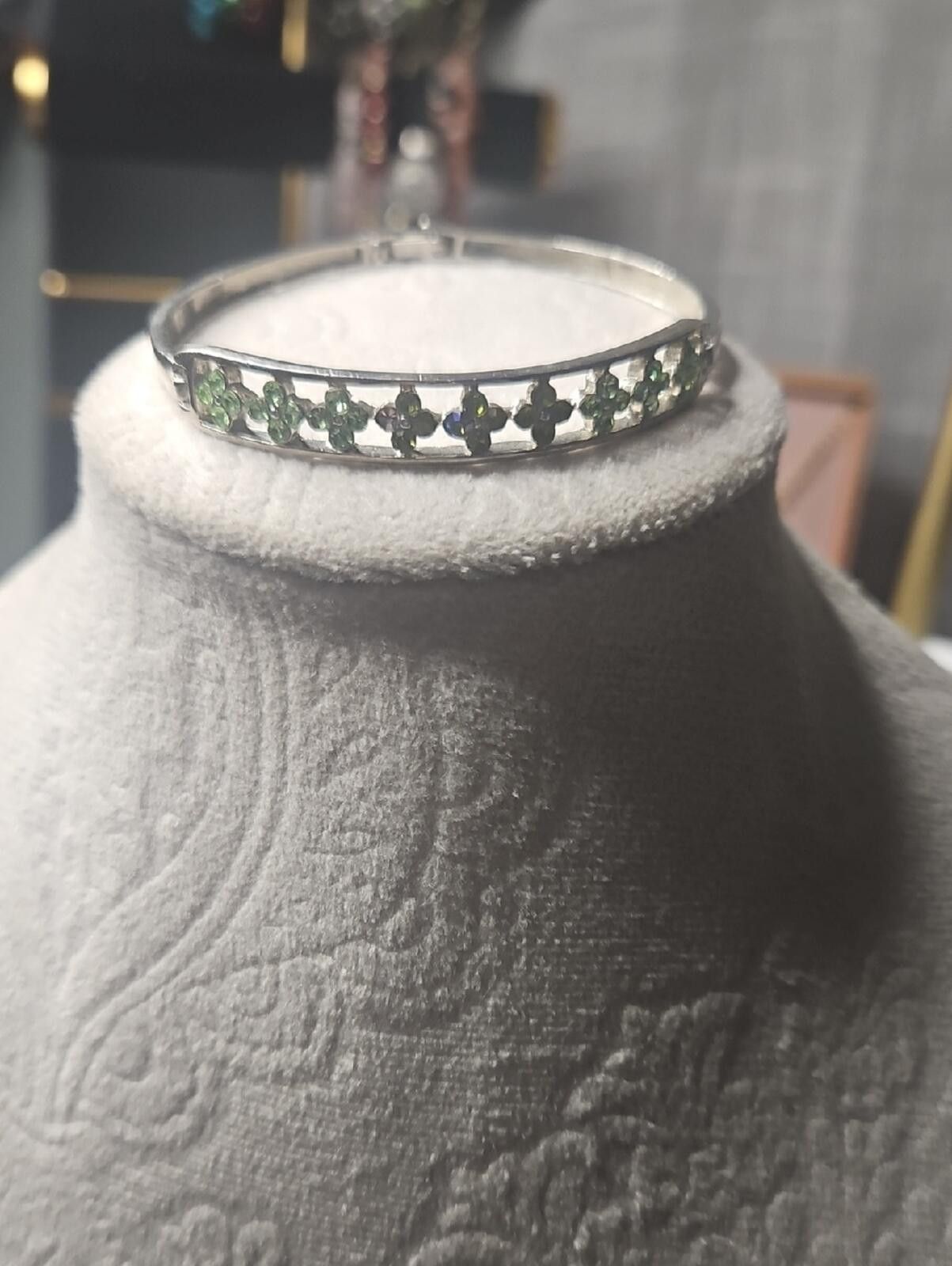 Other Silver Bangle with Green Gem Accents Size ONE SIZE - 1 Thumbnail