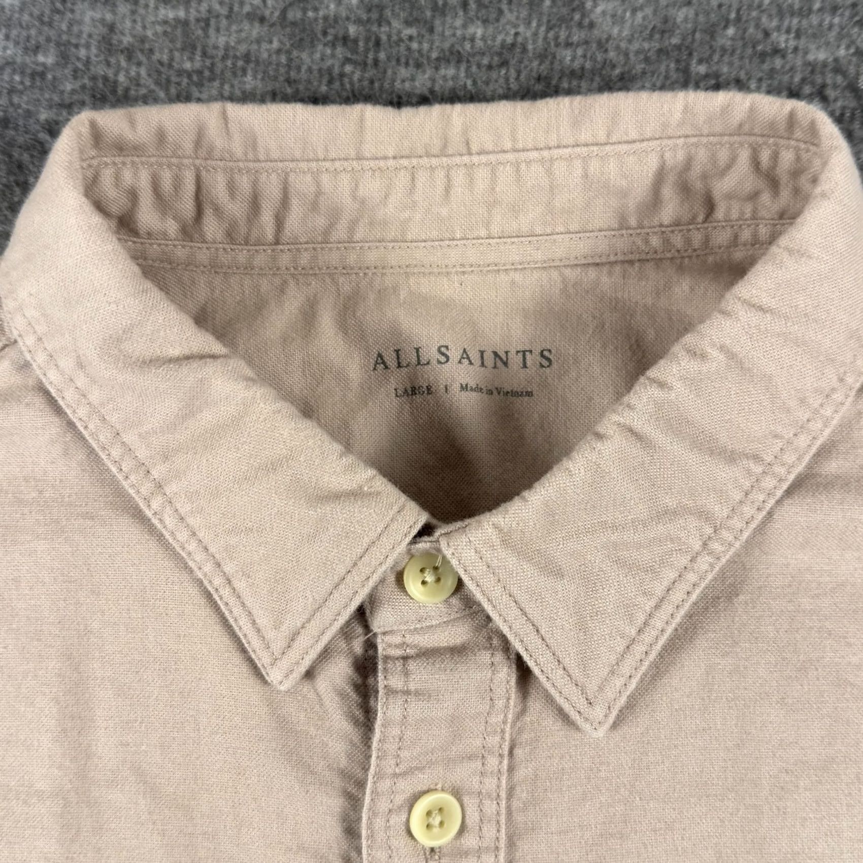 Allsaints AllSaints Shirt Mens Large Beige Solid Long Sleeve Button Up Raw Hem Casual Size US L / EU 52-54 / 3 - 3 Thumbnail